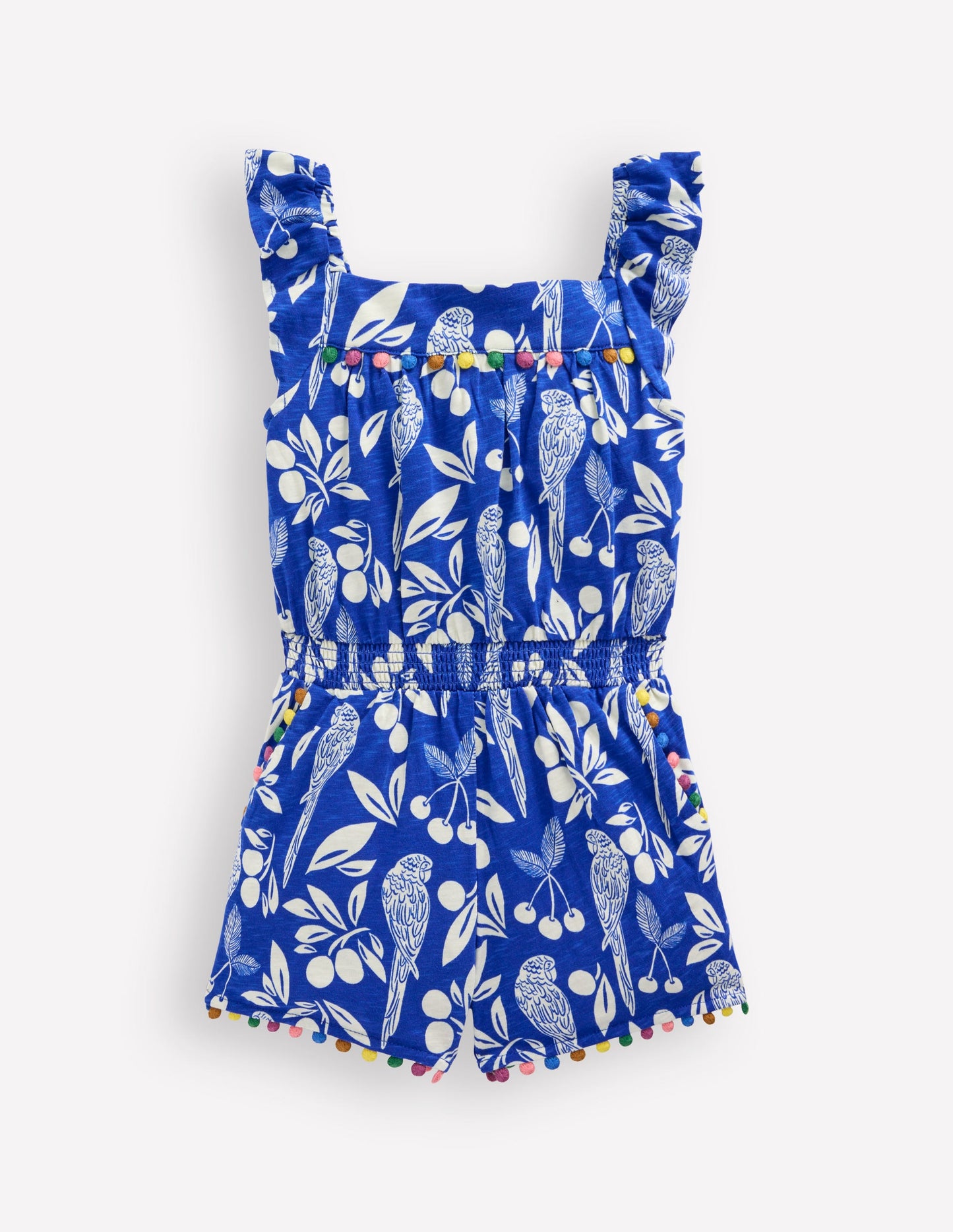 Ciara Pom Trim Jersey Playsuit-Bright Blue Parrot Palm