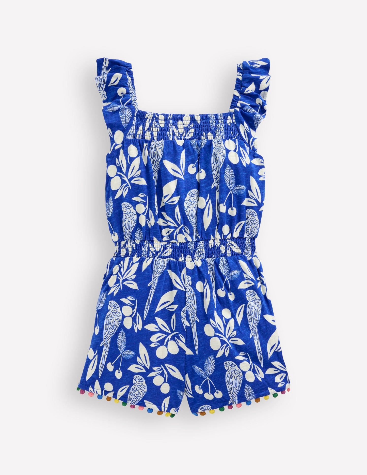 Ciara Pom Trim Jersey Playsuit-Bright Blue Parrot Palm