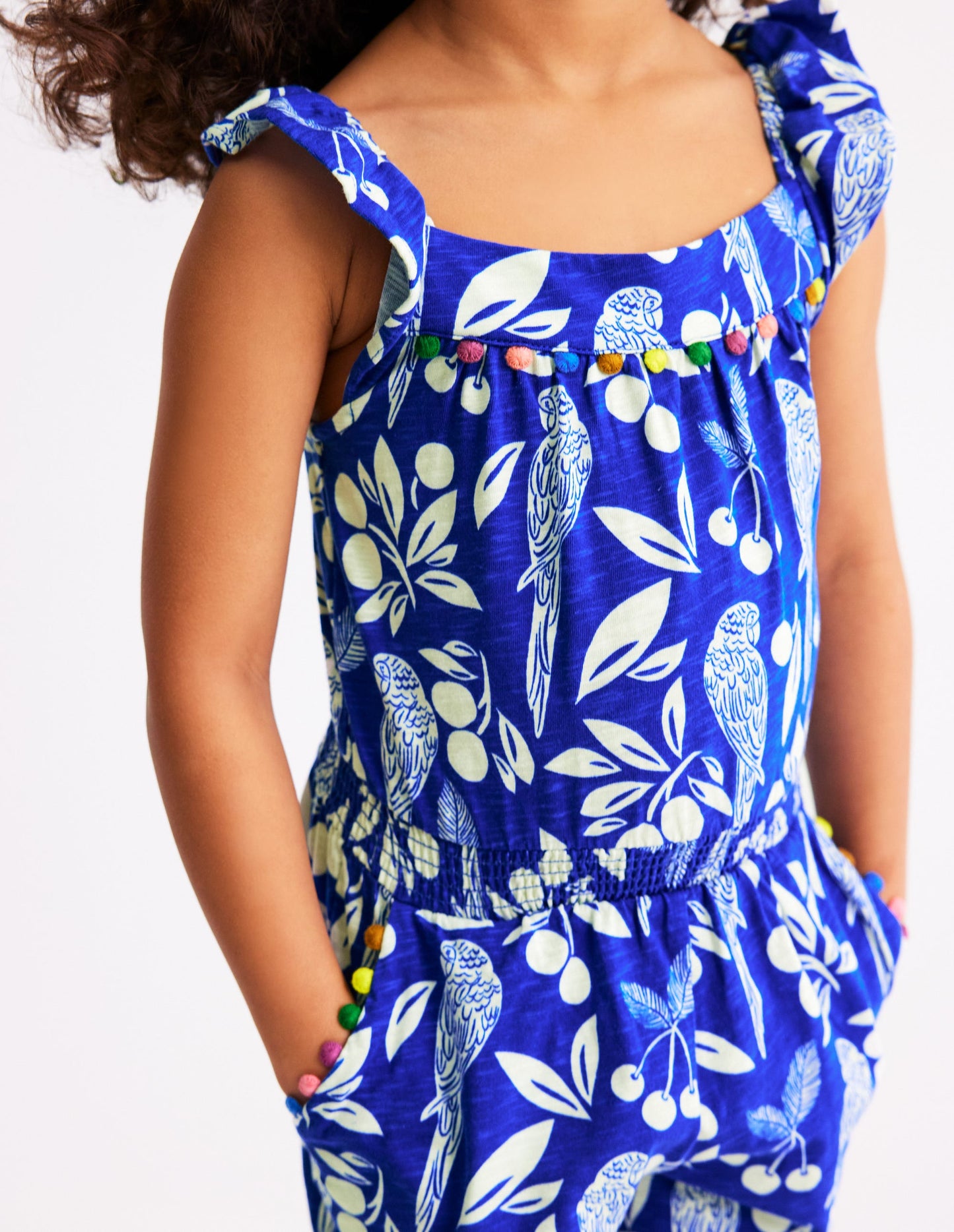 Ciara Pom Trim Jersey Playsuit-Bright Blue Parrot Palm