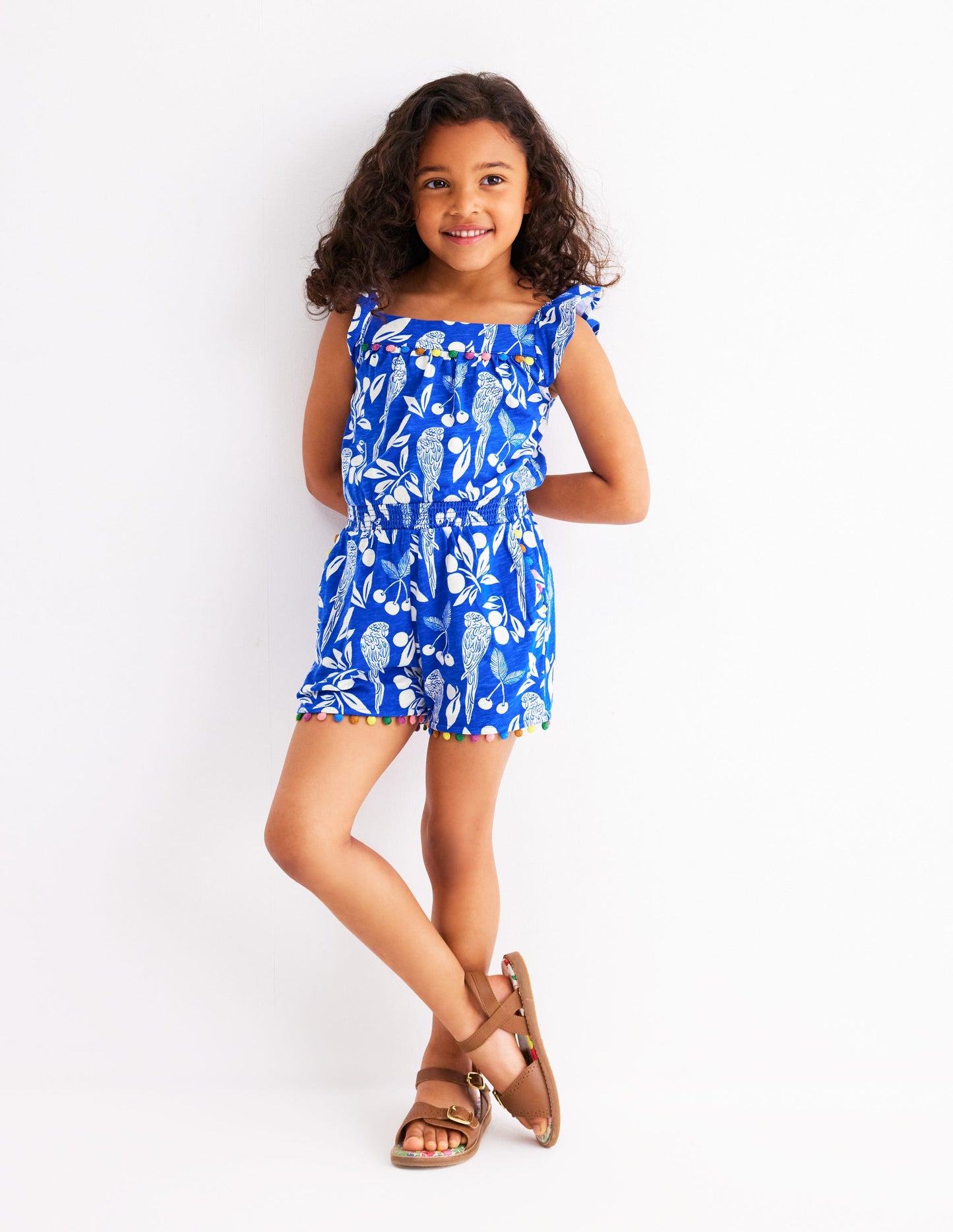 Ciara Pom Trim Jersey Playsuit-Bright Blue Parrot Palm
