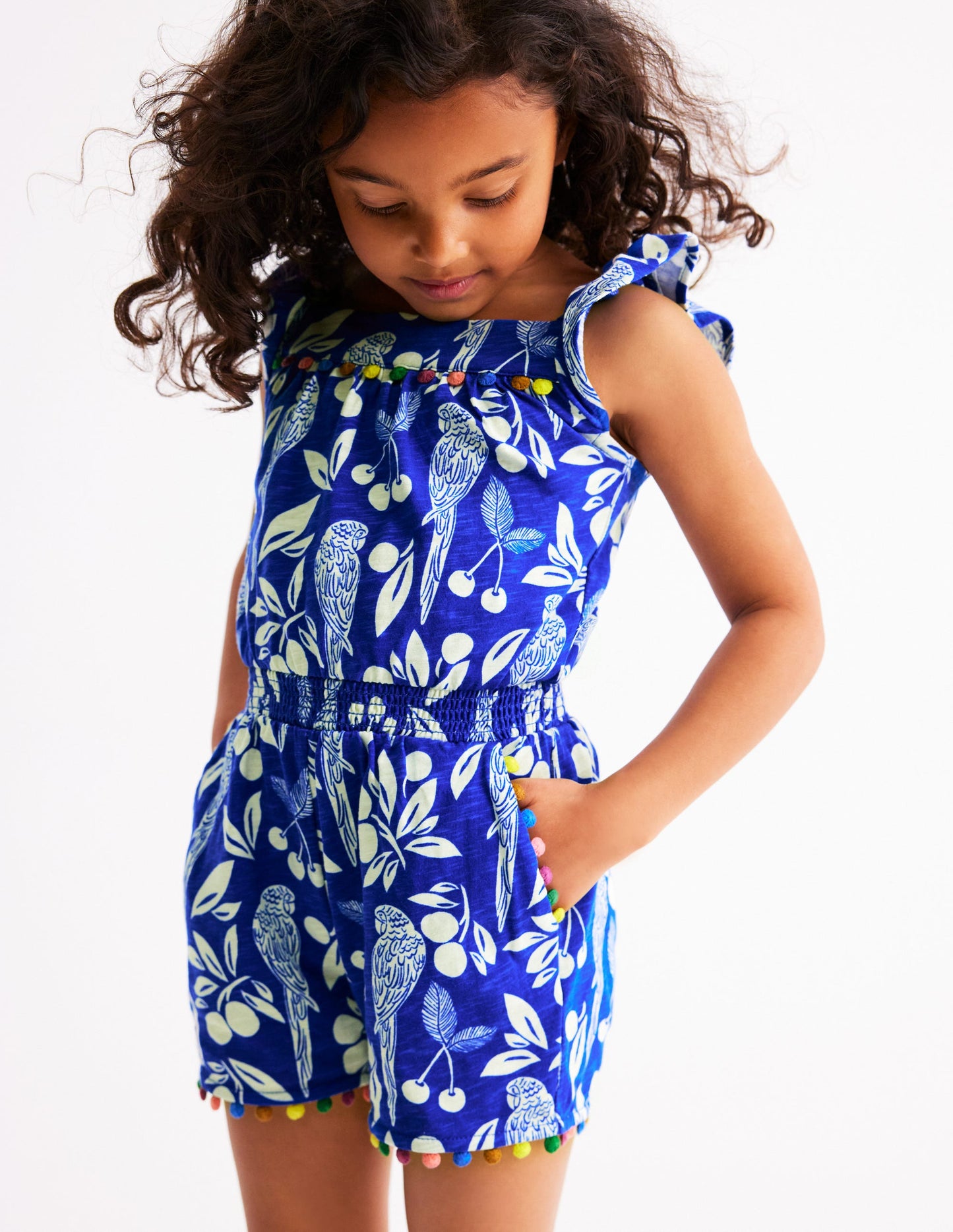 Ciara Pom Trim Jersey Playsuit-Bright Blue Parrot Palm