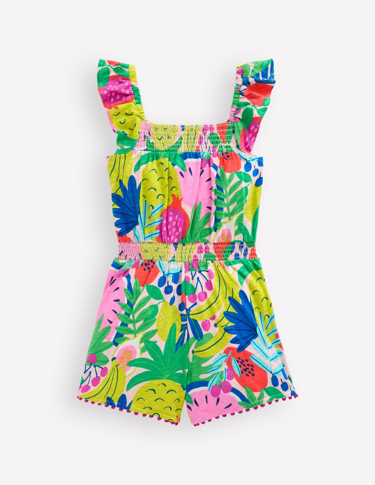Ciara Pom Trim Jersey Playsuit-Multi Tropical Fruit