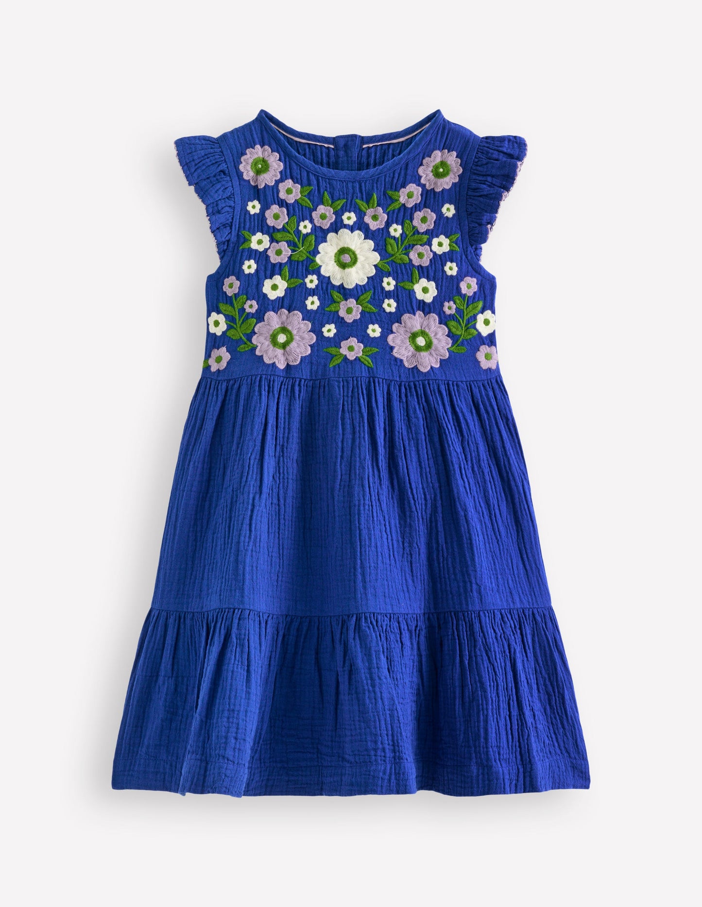 Tiered Doublecloth Dress-Bright Blue Embroidered