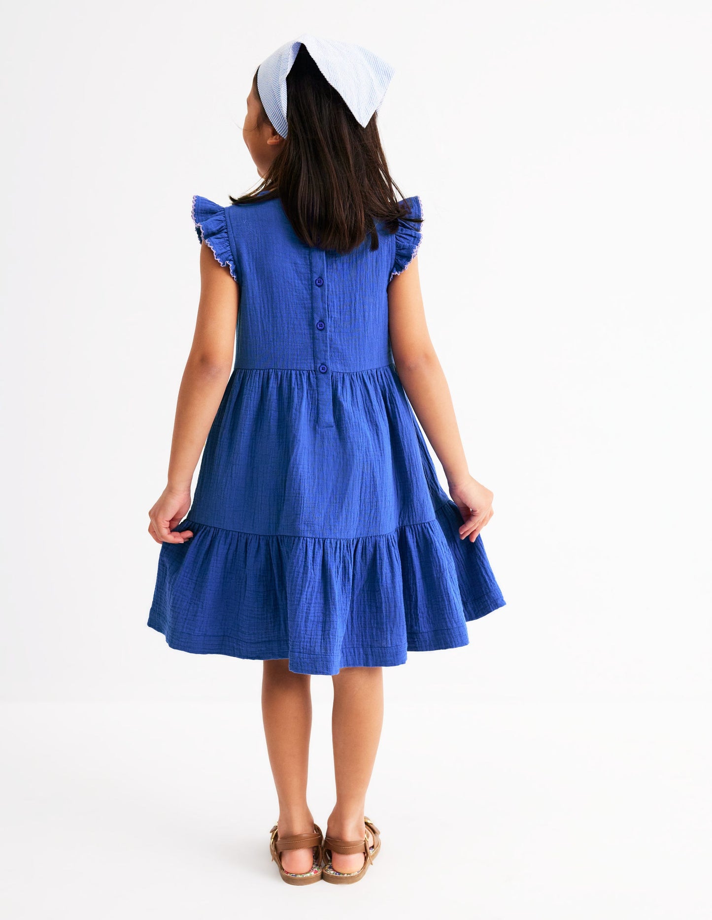 Tiered Doublecloth Dress-Bright Blue Embroidered
