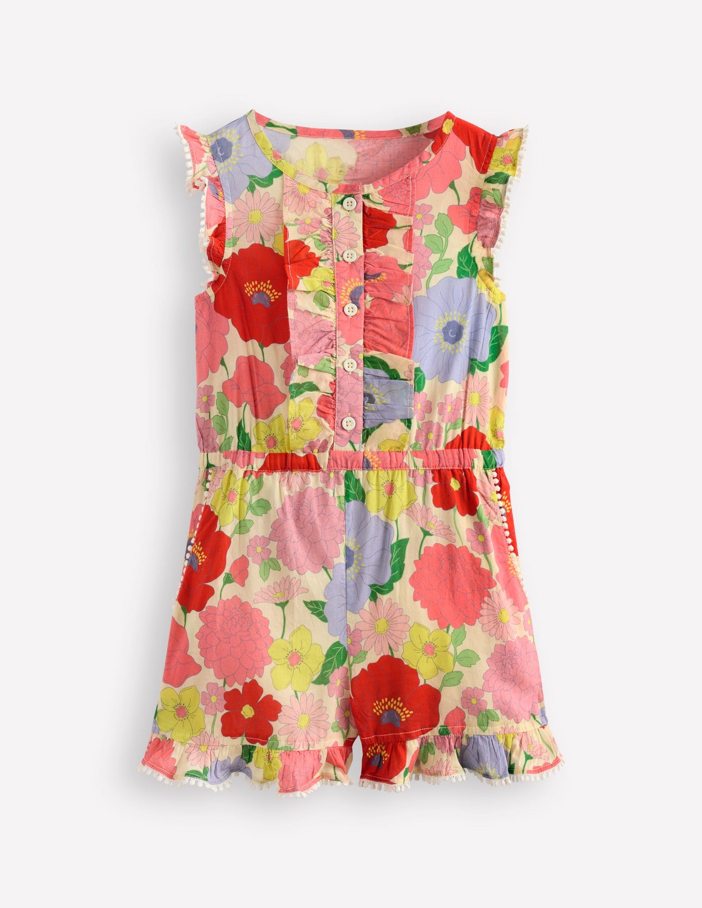 Button Through Ruffle Playsuit-Multi Summer Garden