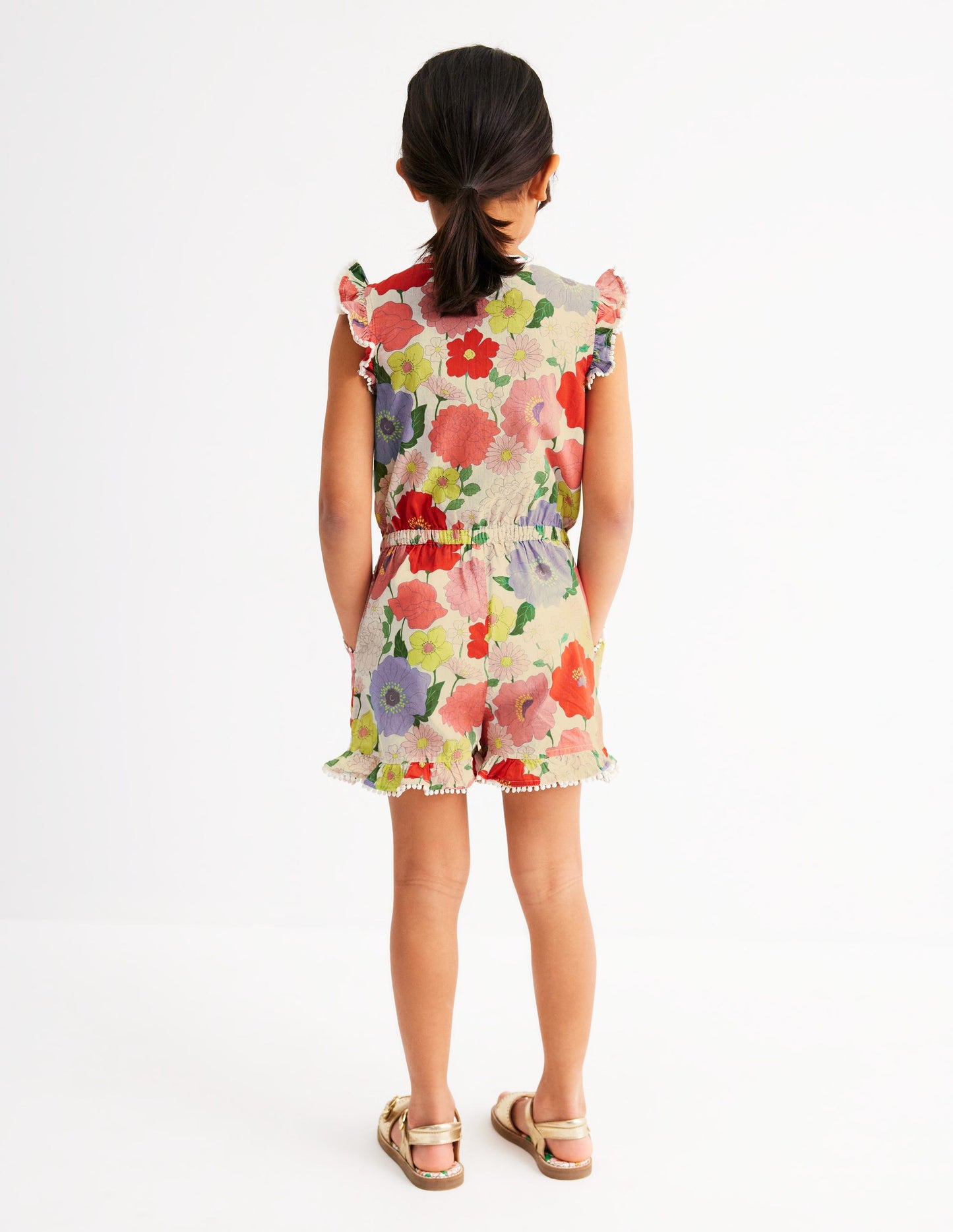 Button Through Ruffle Playsuit-Multi Summer Garden