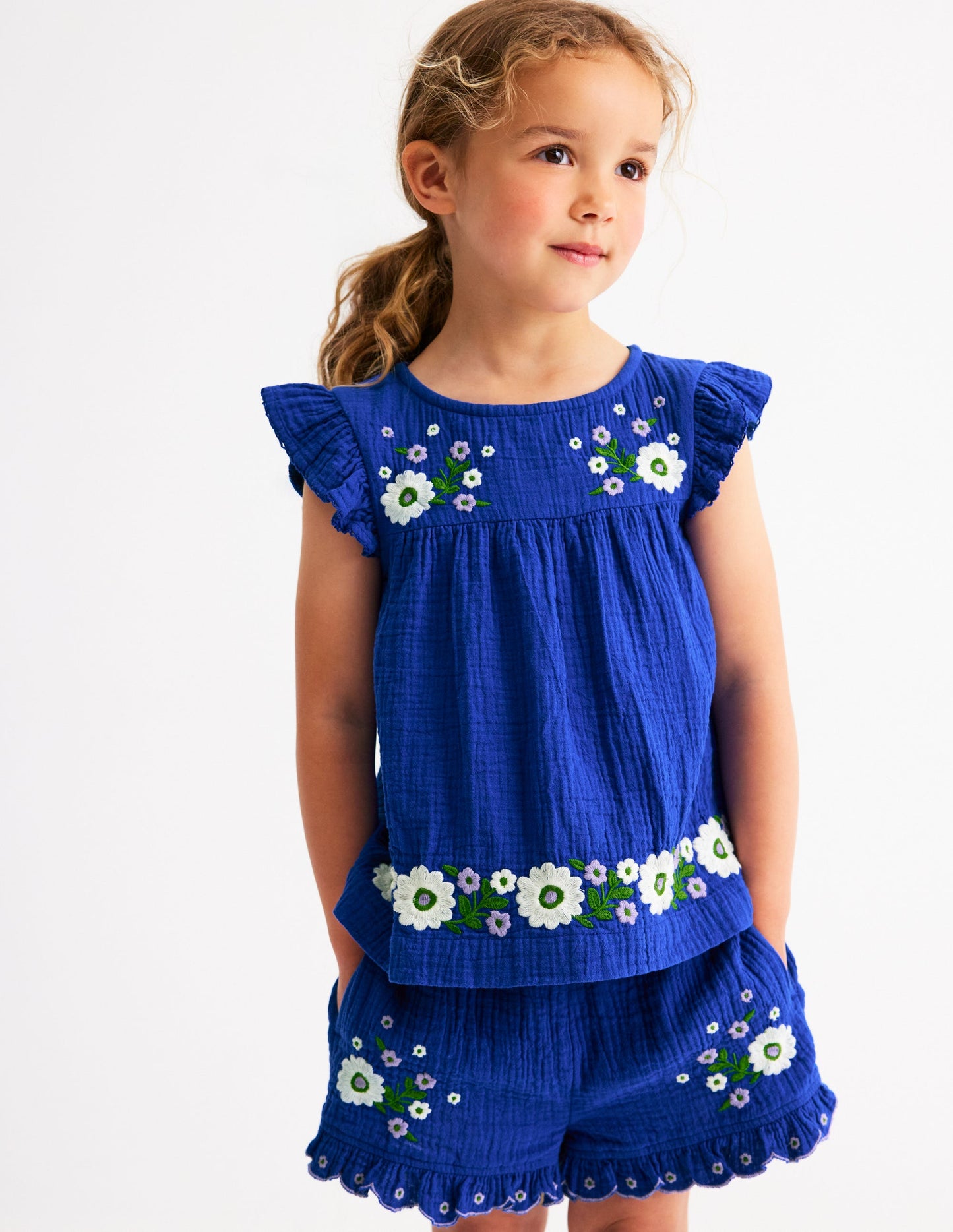 Double Cloth Frill Sleeve Top-Kingfisher Blue Embroidered