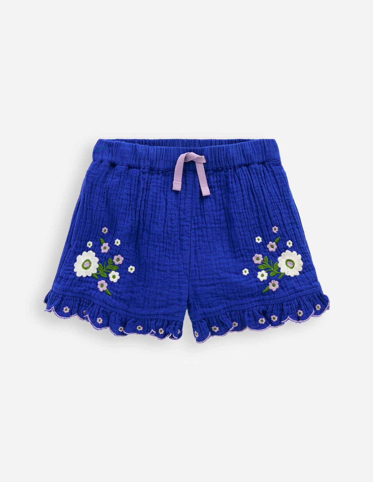 Double Cloth Frill Hem Shorts-Bright Blue Embroidered