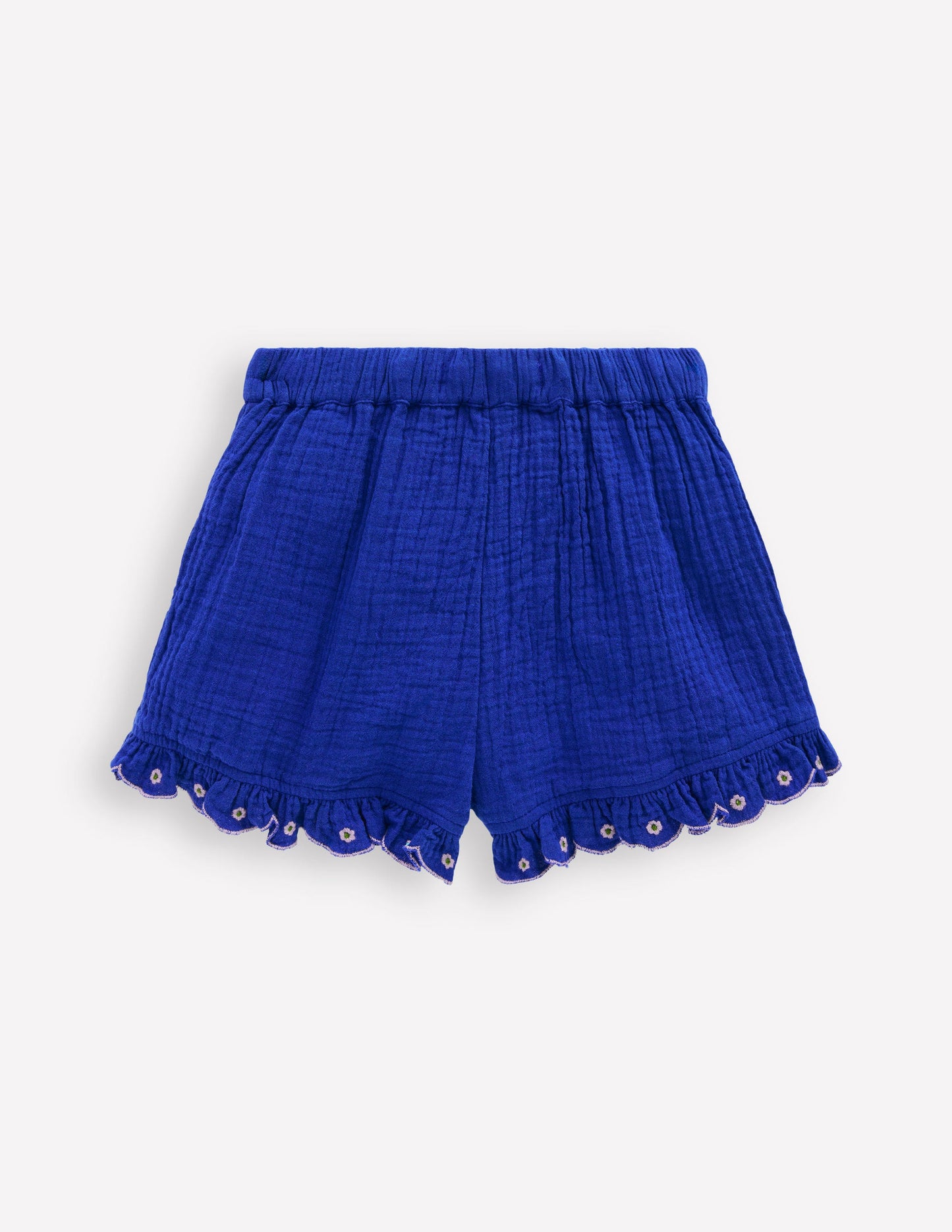 Double Cloth Frill Hem Shorts-Bright Blue Embroidered
