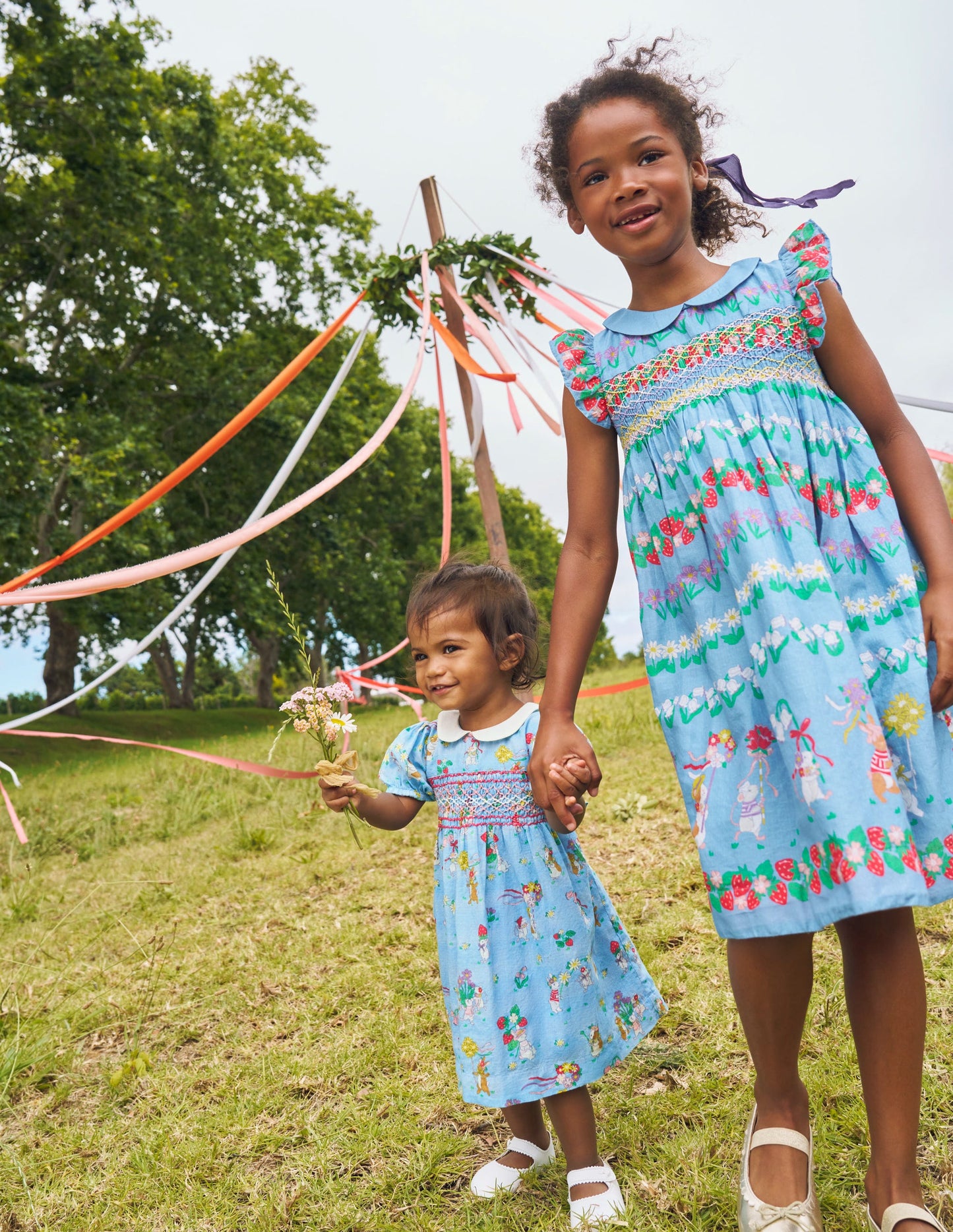Adeline Smocked Dress-Glacier Blue Spaced Tiny Bows