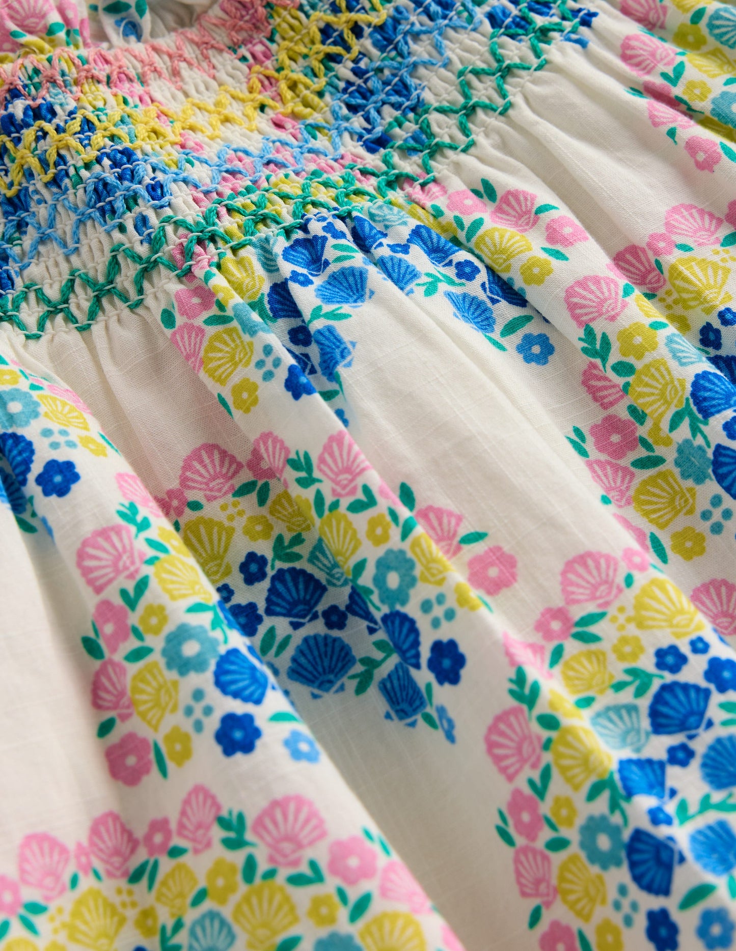 Holiday Smocked Dress-Soft Ivory Rainbow Shells