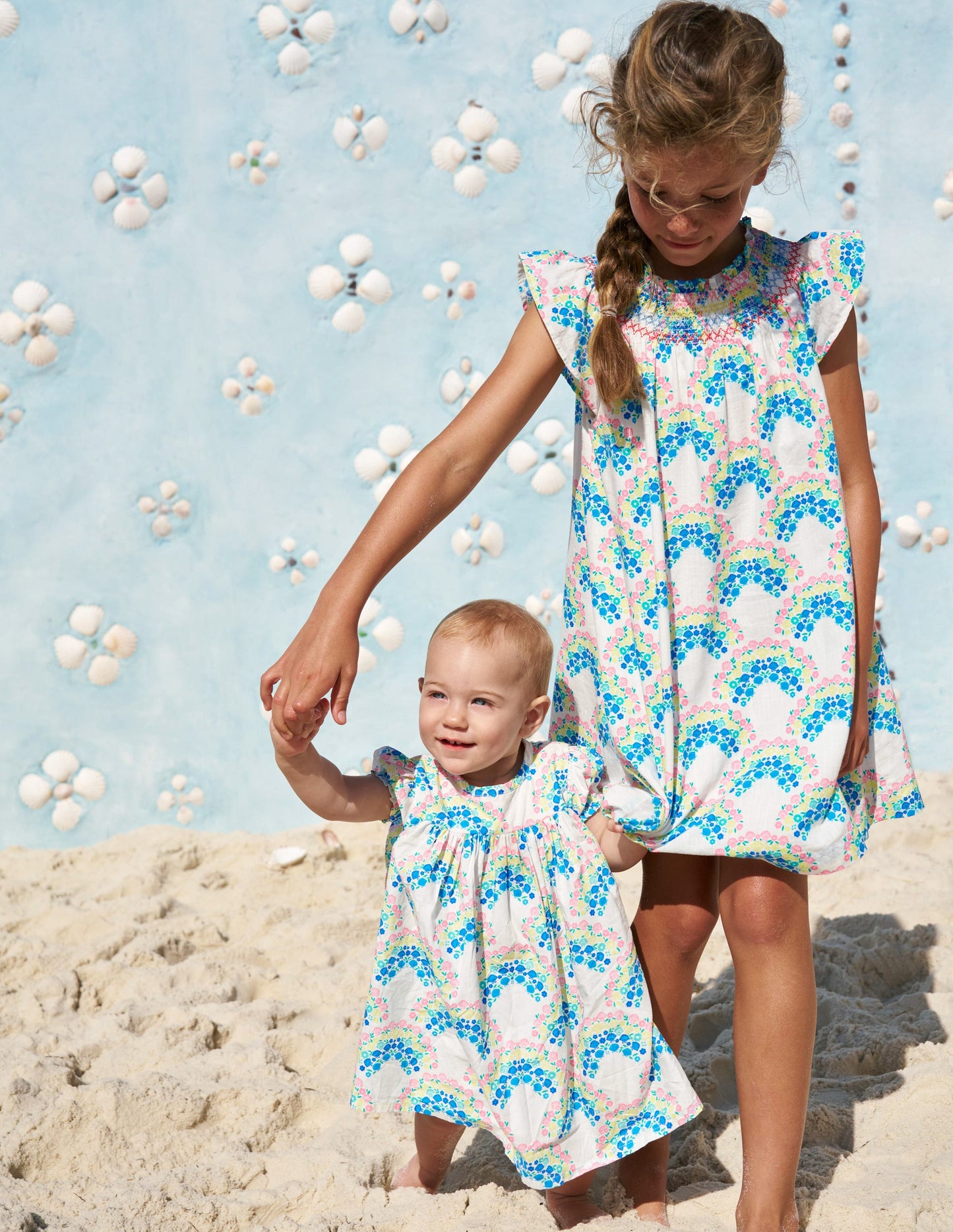 Holiday Smocked Dress-Soft Ivory Rainbow Shells