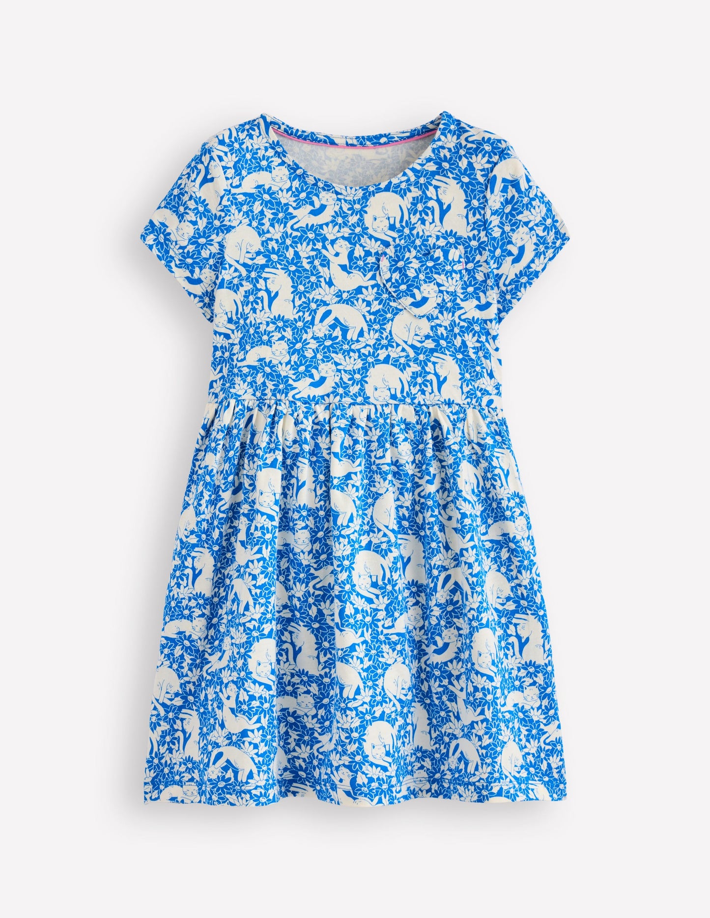 Heart Pocket Fun Jersey Dress-Kingfisher Blue Kitten Meadow