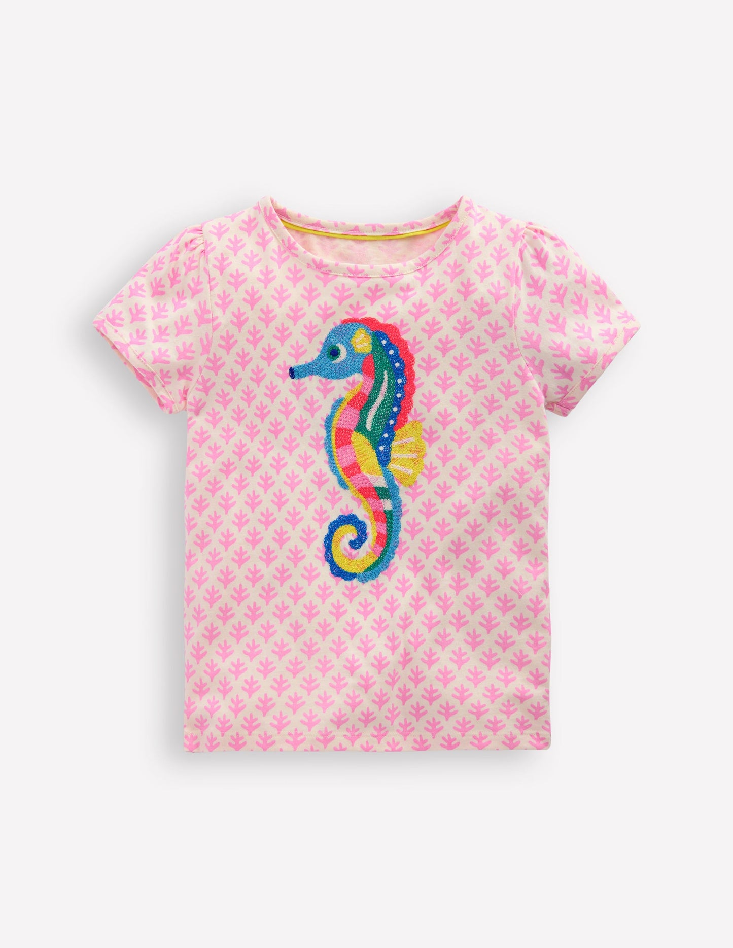 Puff Sleeve Superstitch Top-Pink Woodblock Seahorse