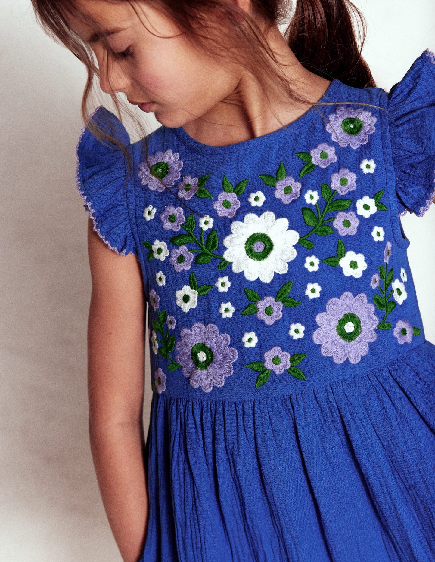 Tiered Doublecloth Dress-Bright Blue Embroidered