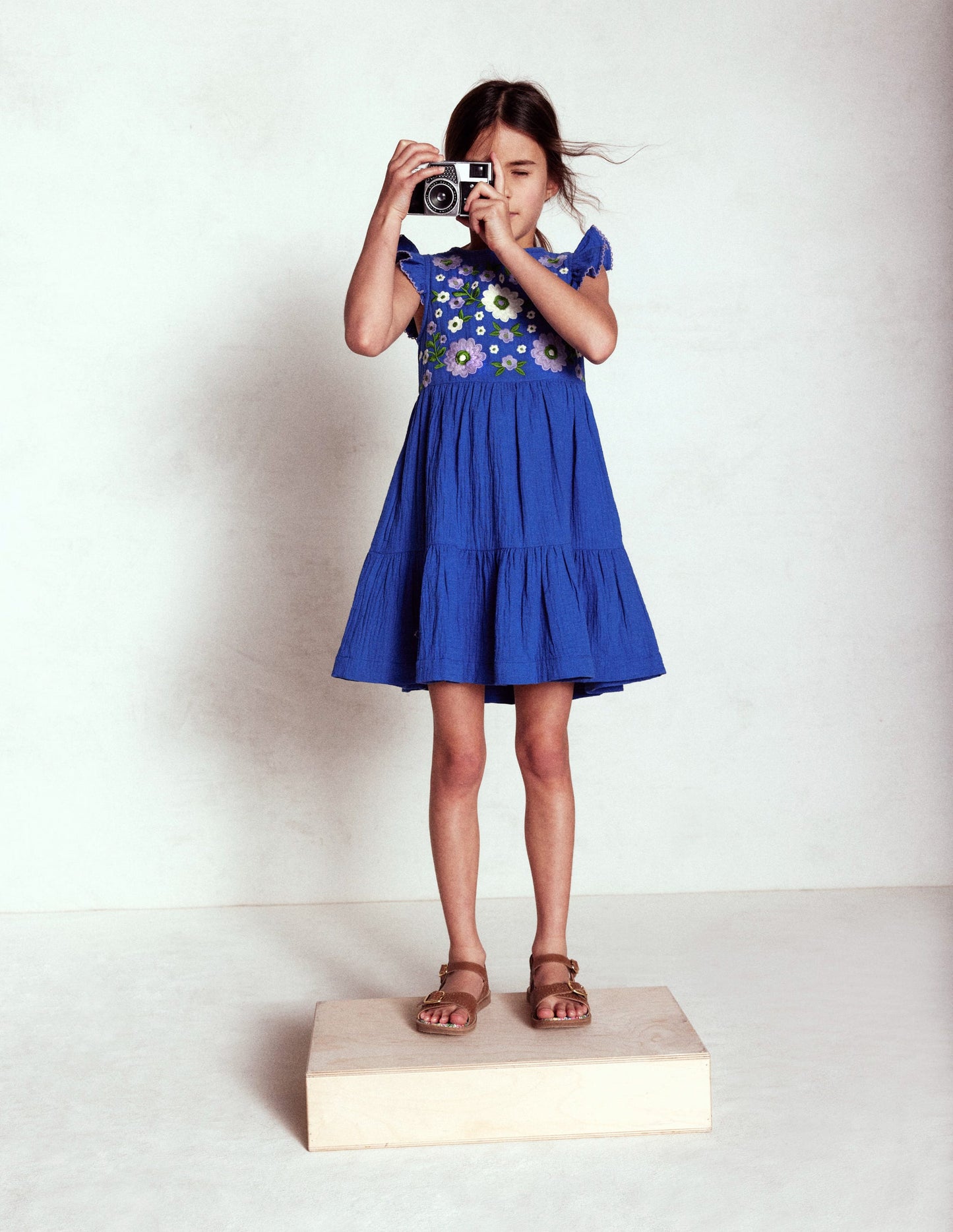 Tiered Doublecloth Dress-Bright Blue Embroidered