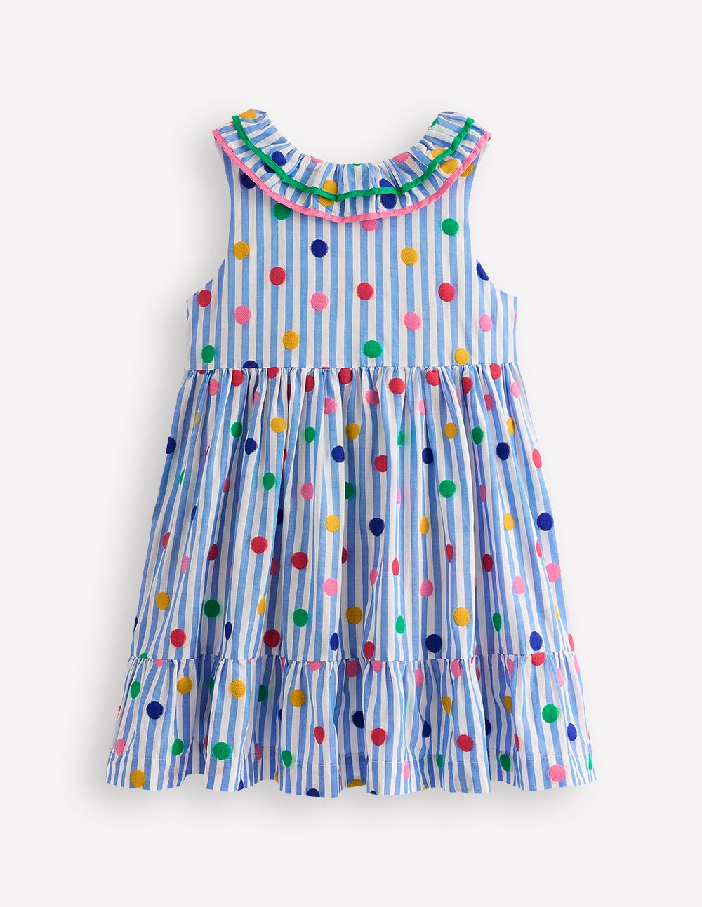 Ruffle Neck Woven Dress-Peacock Plume Blue Spot