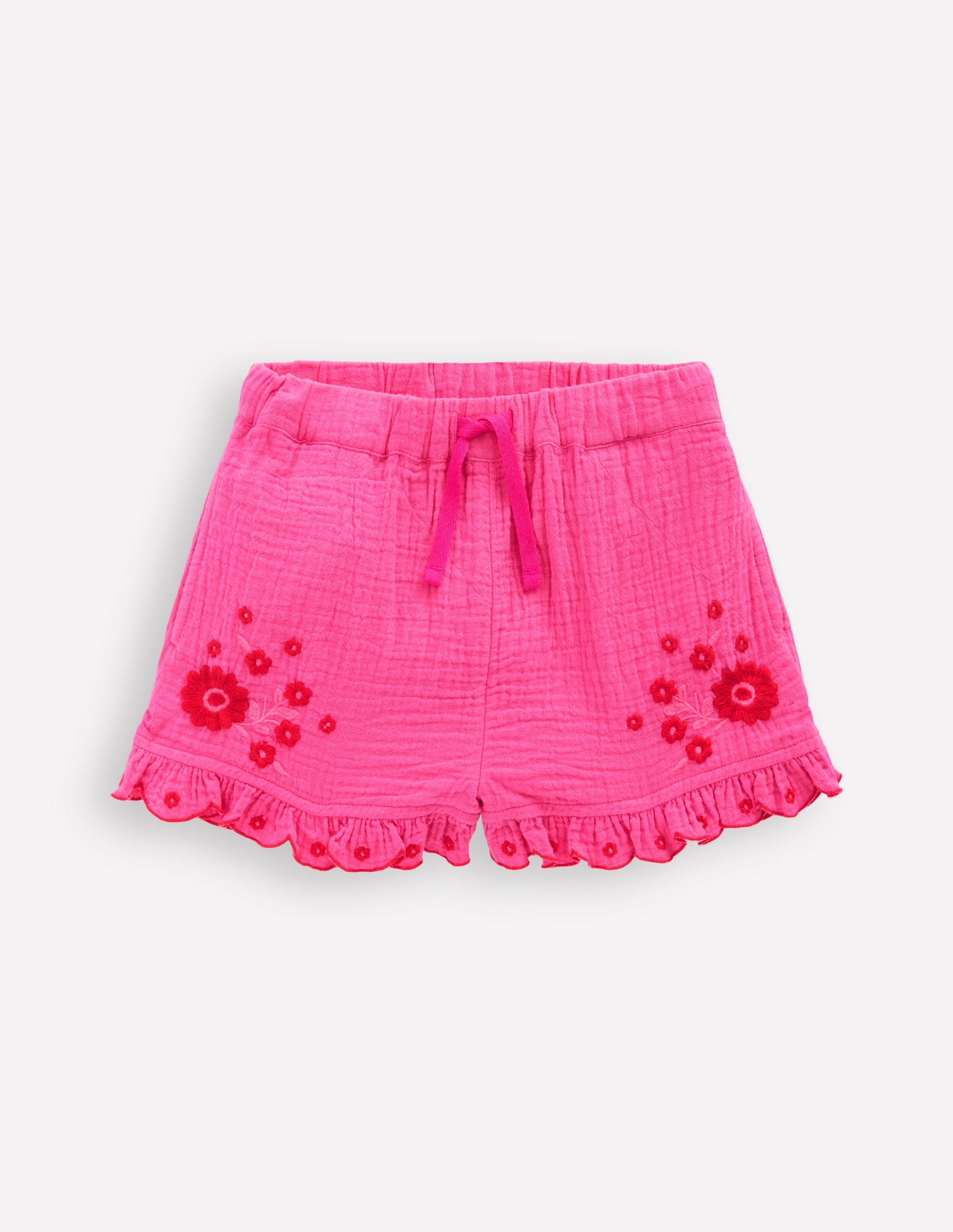 Double Cloth Frill Hem Shorts-Sorbet Pink Embroidered