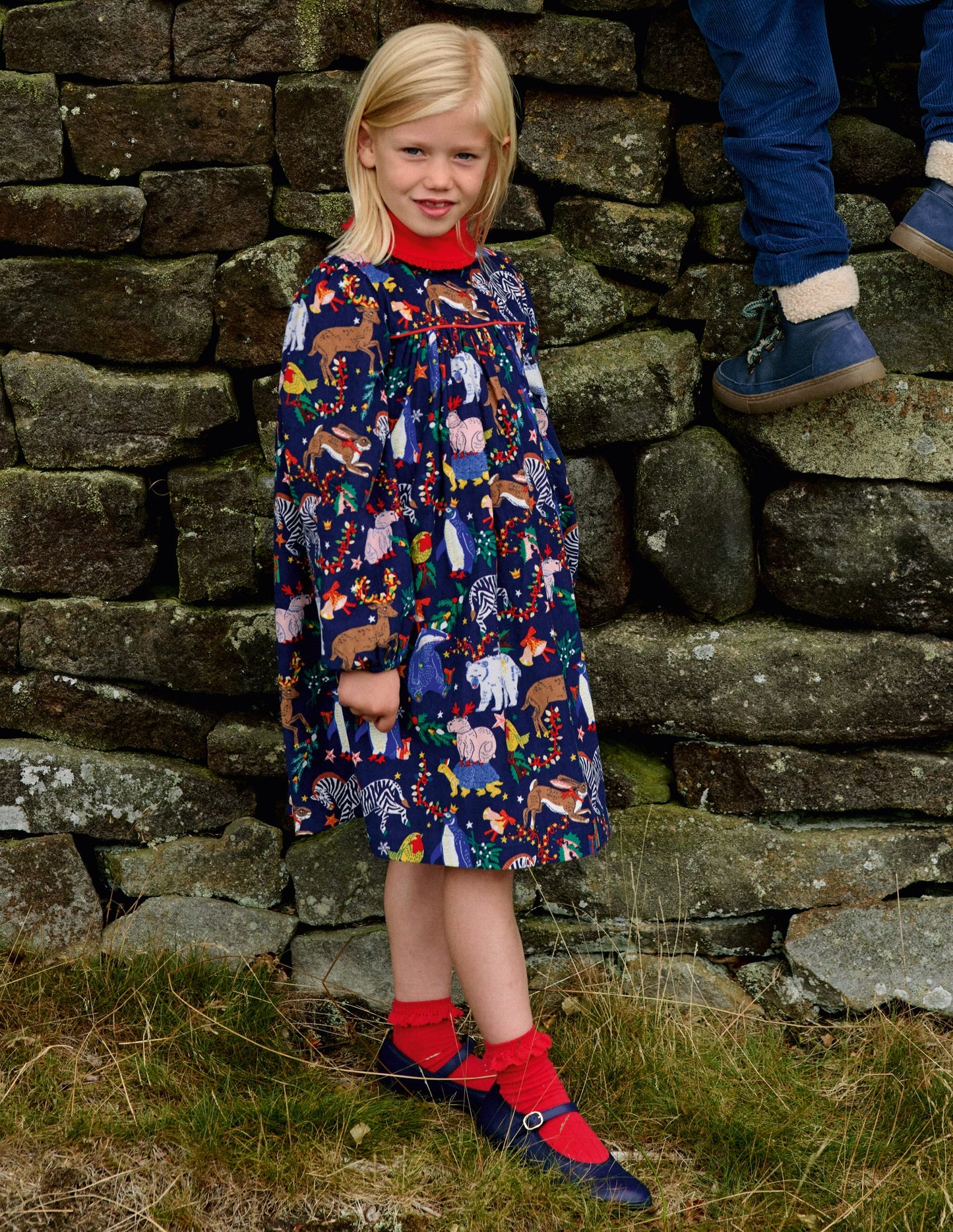 Ruffle Neck Woven Dress-College Navy Christmas Party