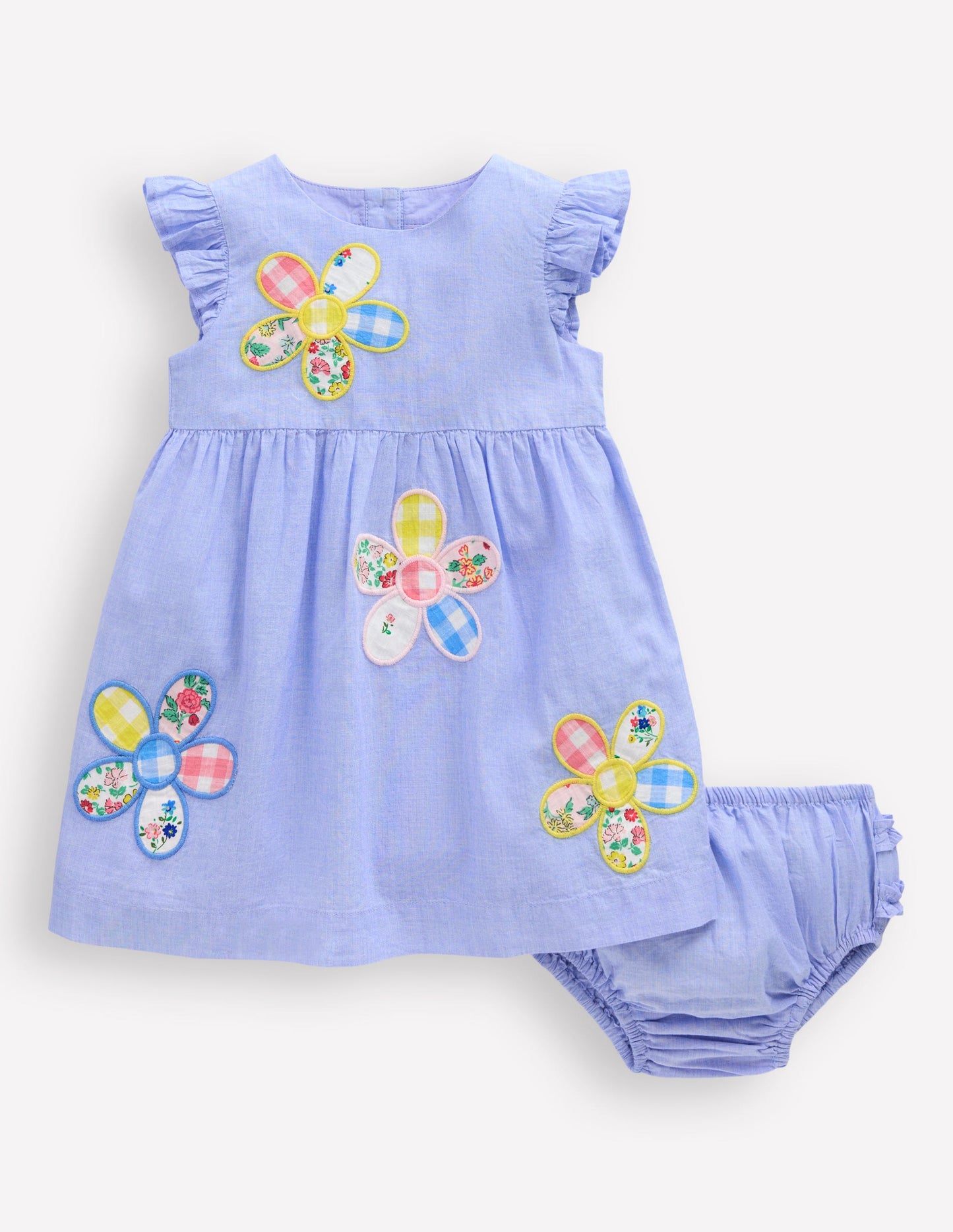 Woven Frill Dress-Blue Patchwork Flower