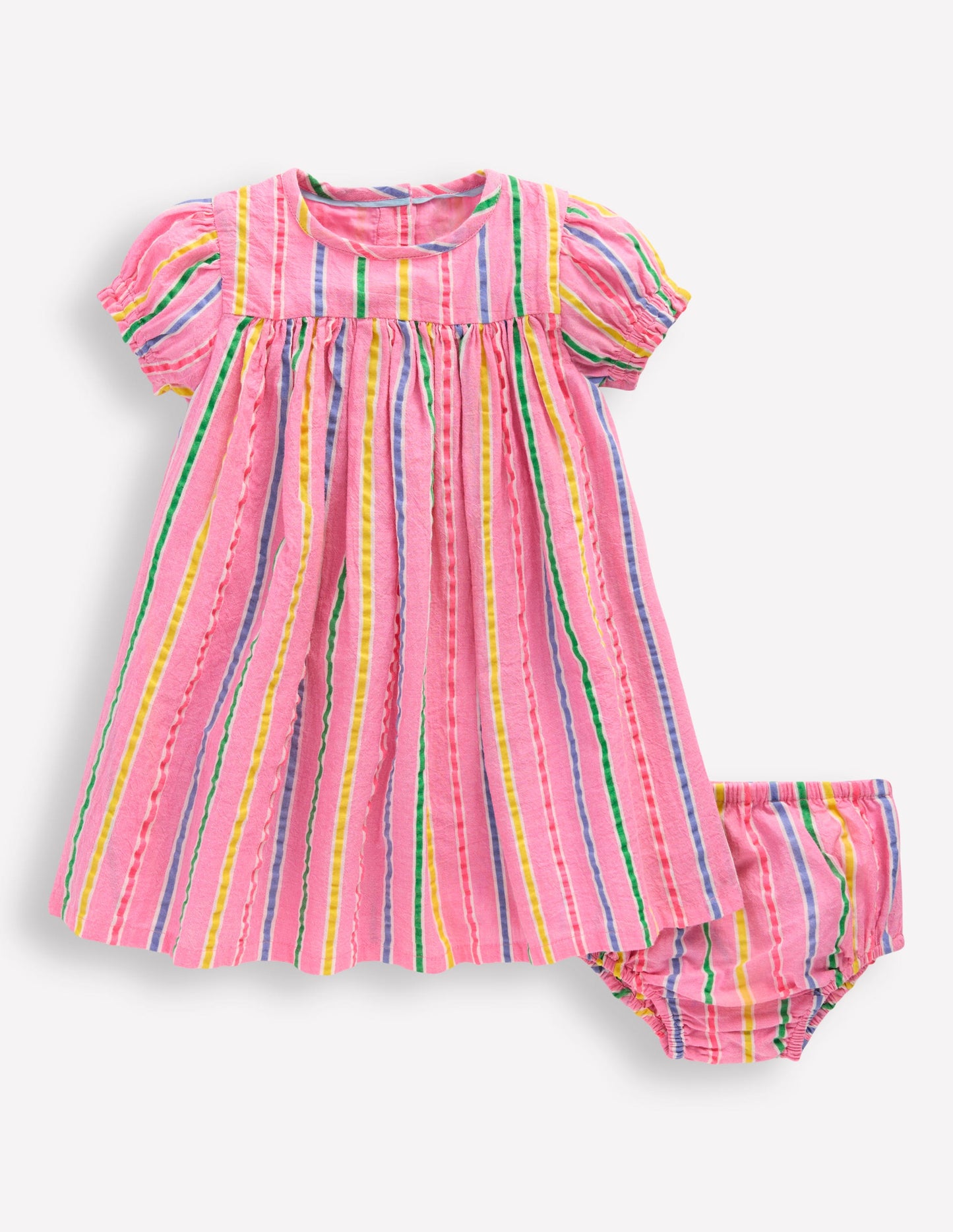 Gathered Woven Dress-Neon Pink Multi Stripe