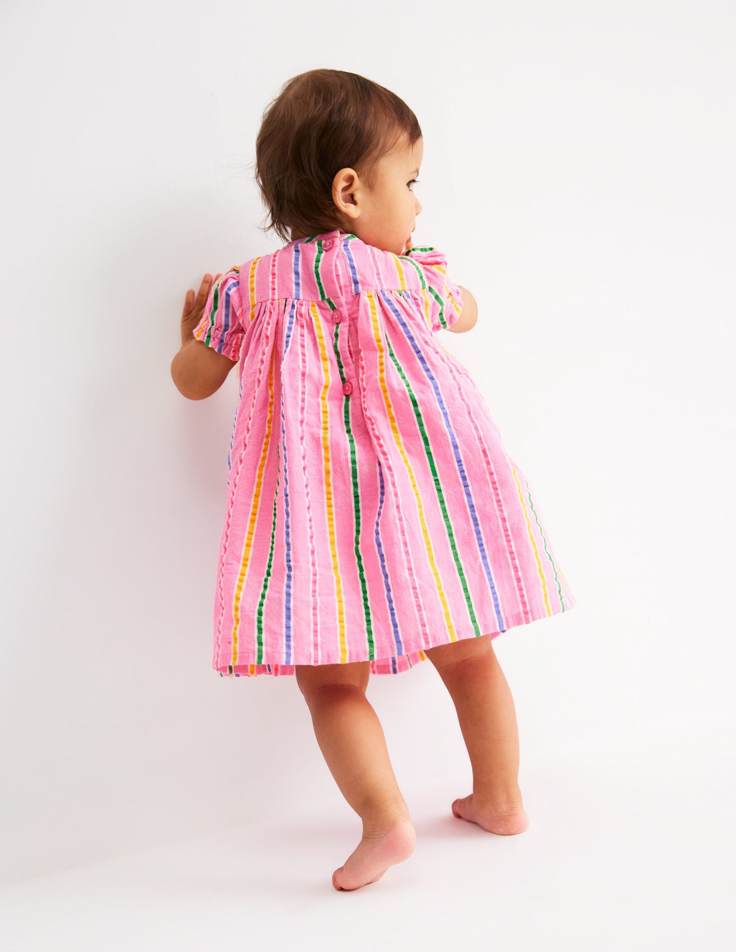 Gathered Woven Dress-Neon Pink Multi Stripe