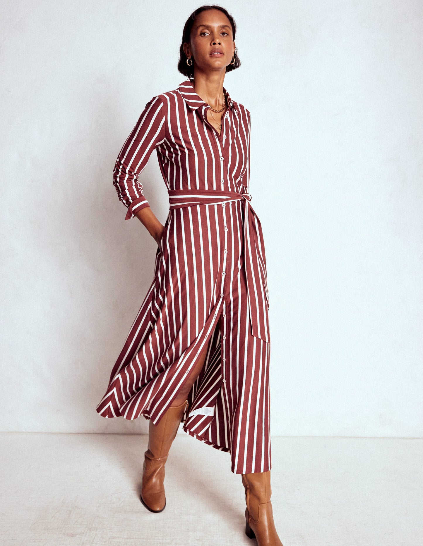 Marcia Jersey Shirt Dress-Chestnut and Ivory Stripe