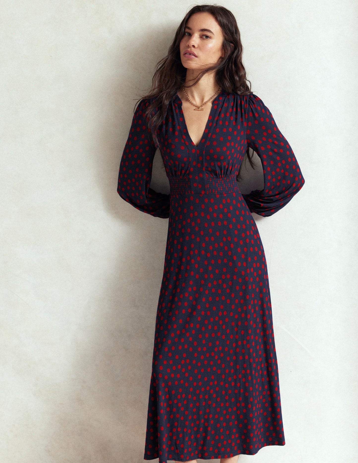 Ivy Smocked Midi Dress-French Navy, Painted Dot