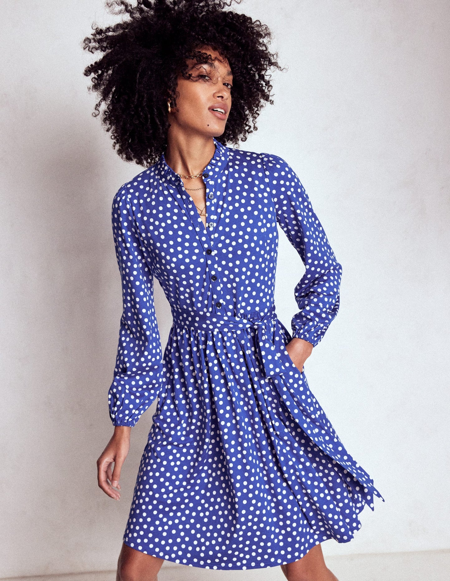 Willow Ruffle Neck Shirt Dress-Bright Blue, Dot