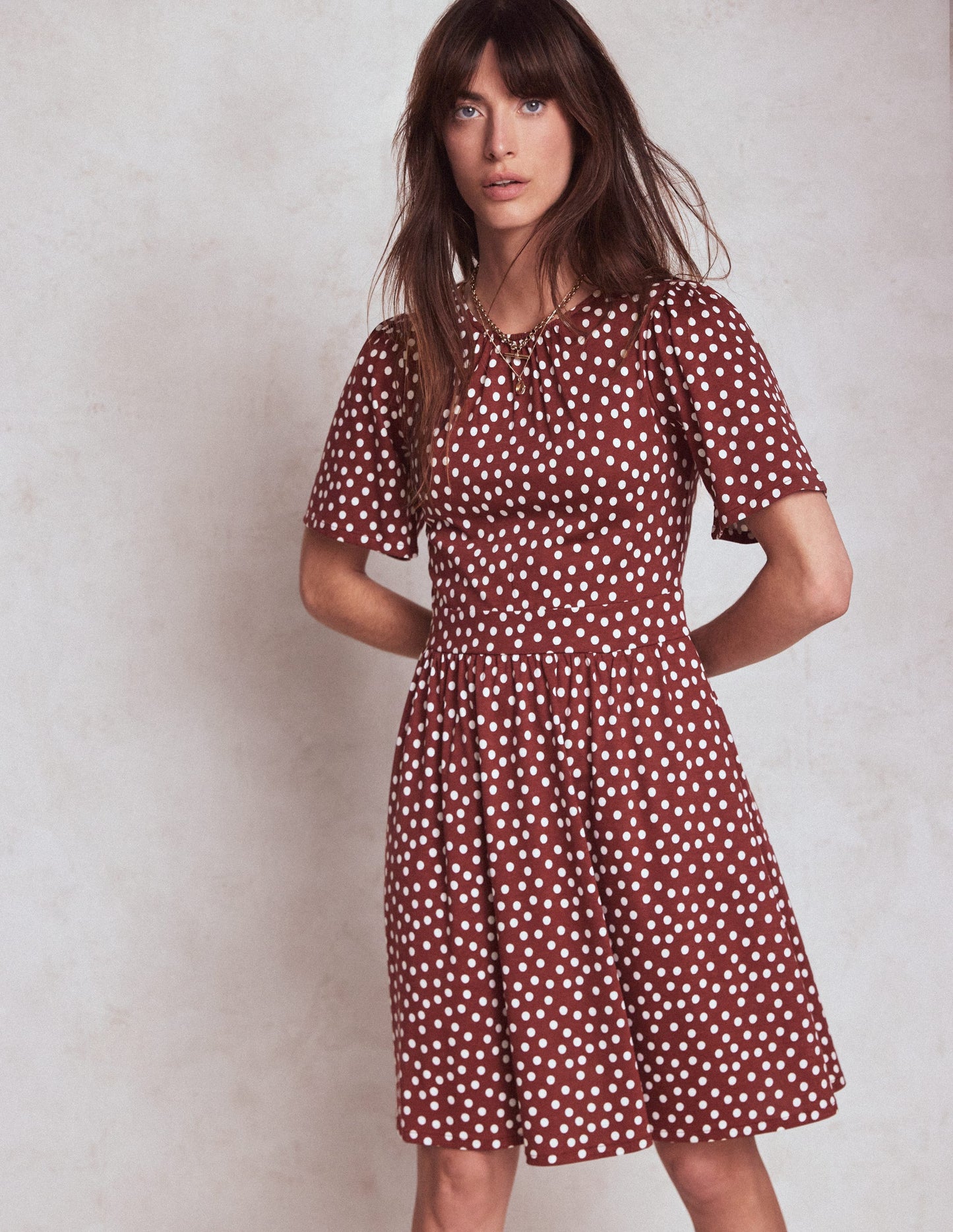 Louisa Short Jersey Dress-Chestnut, Painted Dot