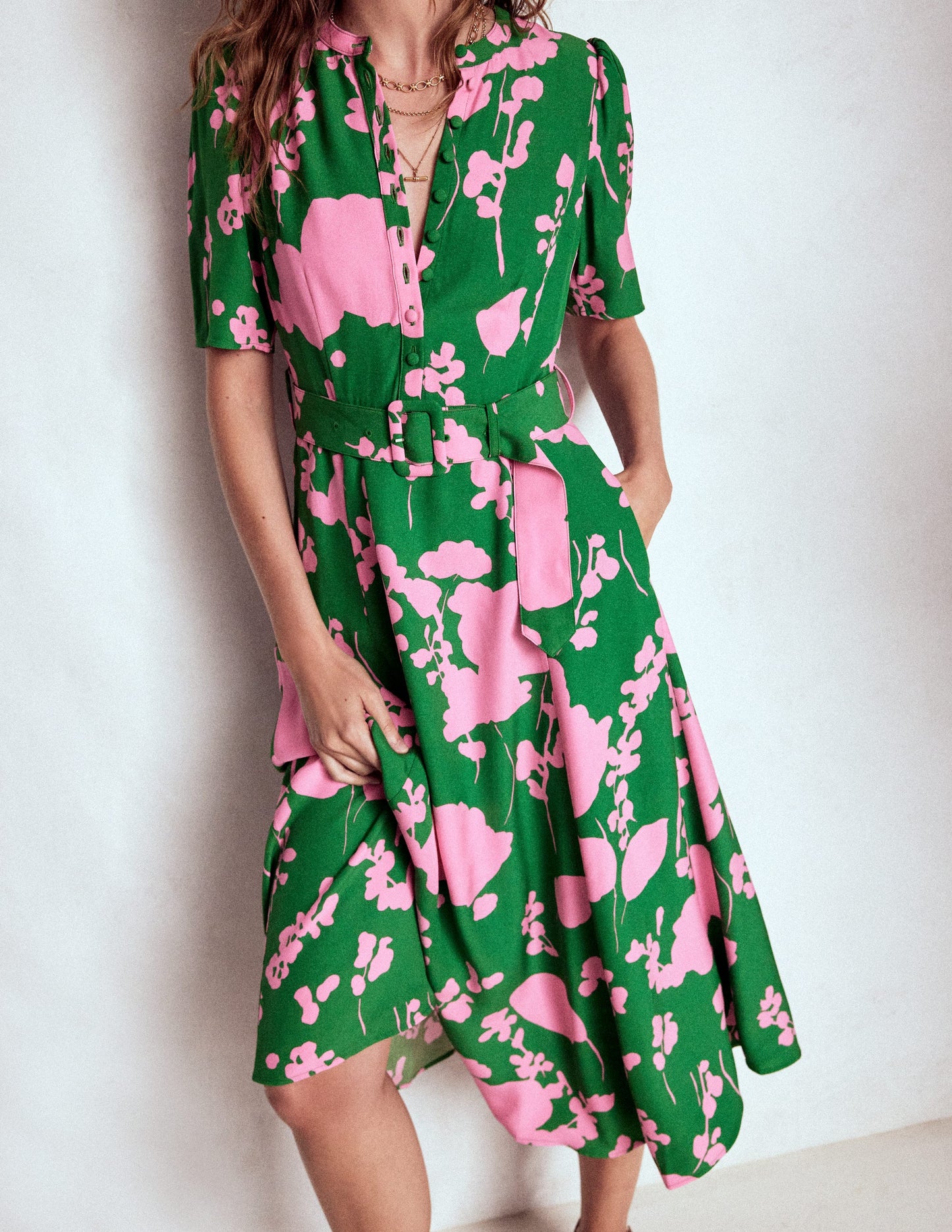 Kate Puff Sleeve Belted Dress-Highland Green, Dainty Sprigs