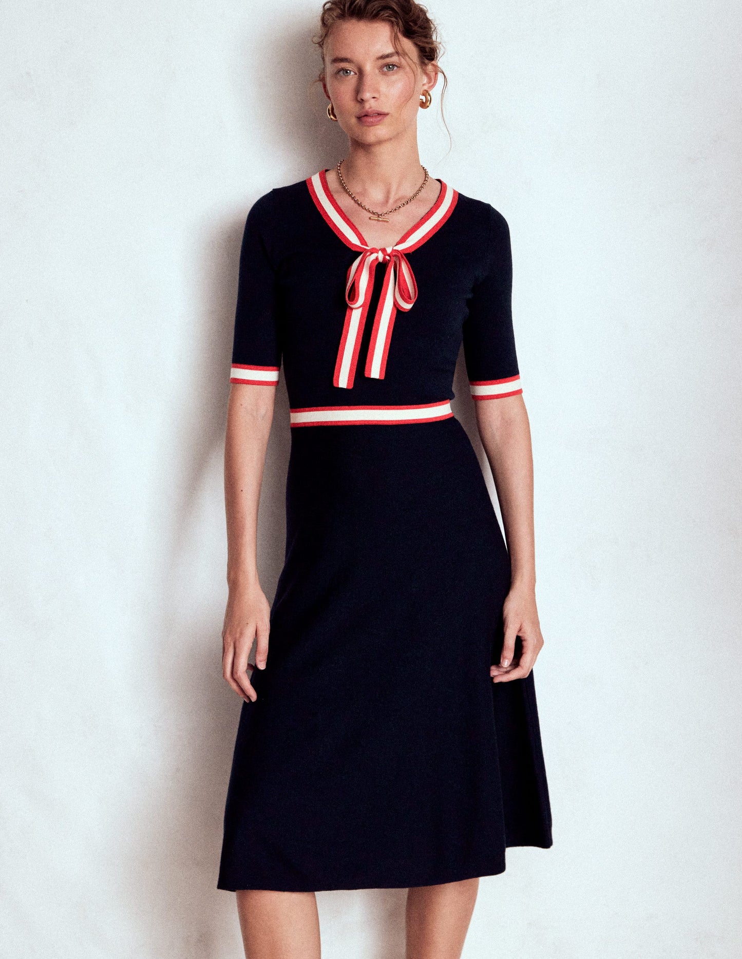 Tipped Bow Dress-Navy