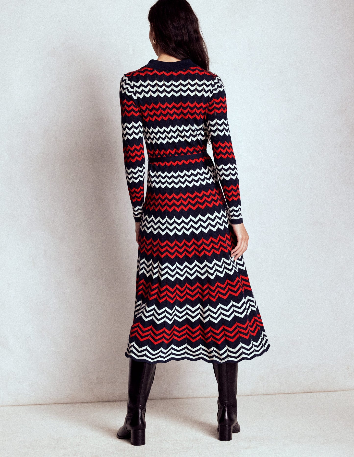 Chevron Stitch Midi Dress-Navy, Red and Ivory Chevron