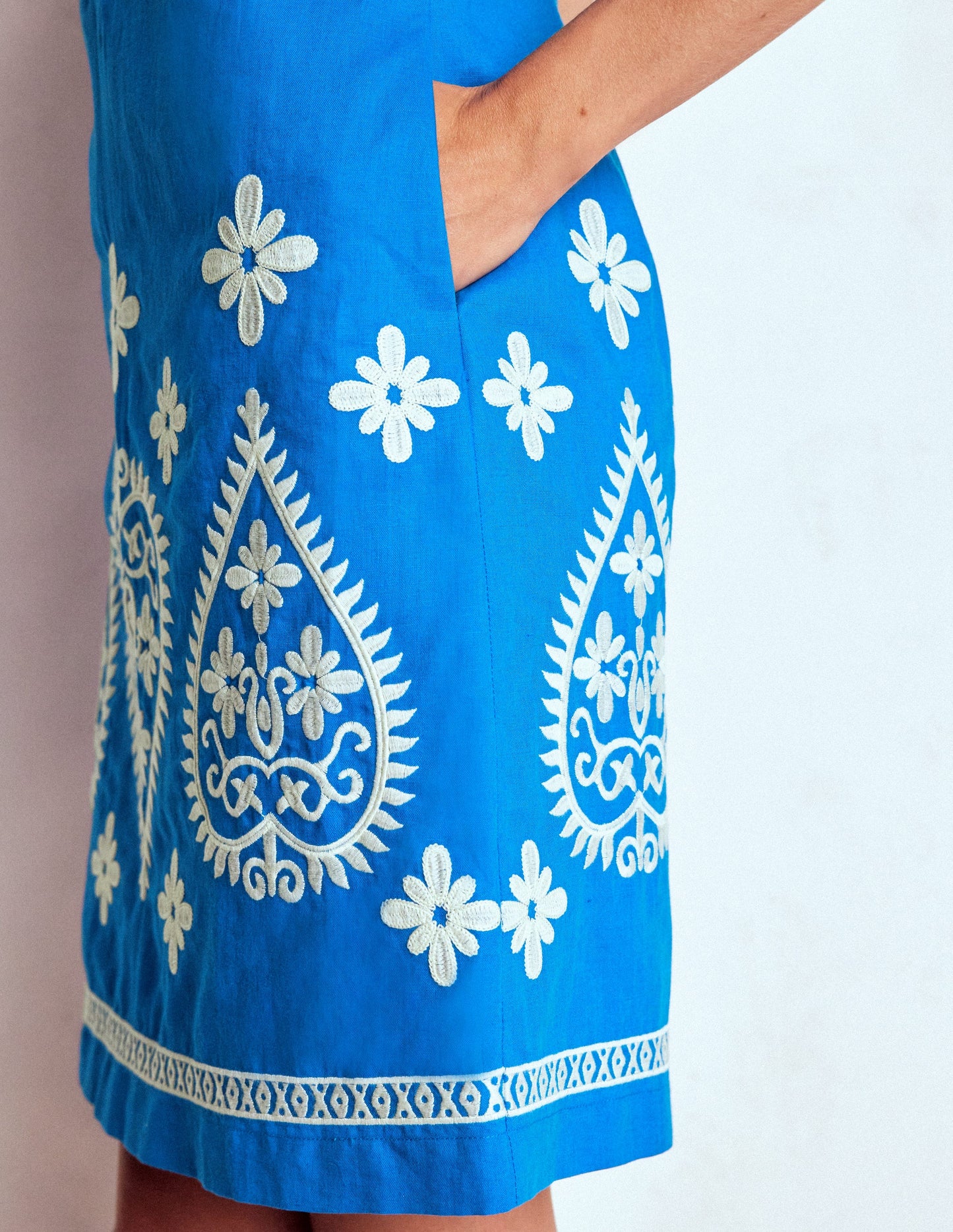 Embroidered Linen Shift Dress-Kingfisher Blue