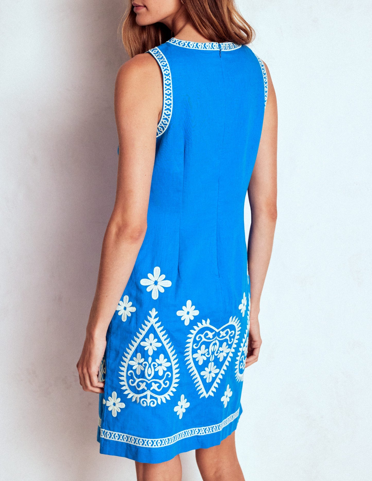 Embroidered Linen Shift Dress-Kingfisher Blue
