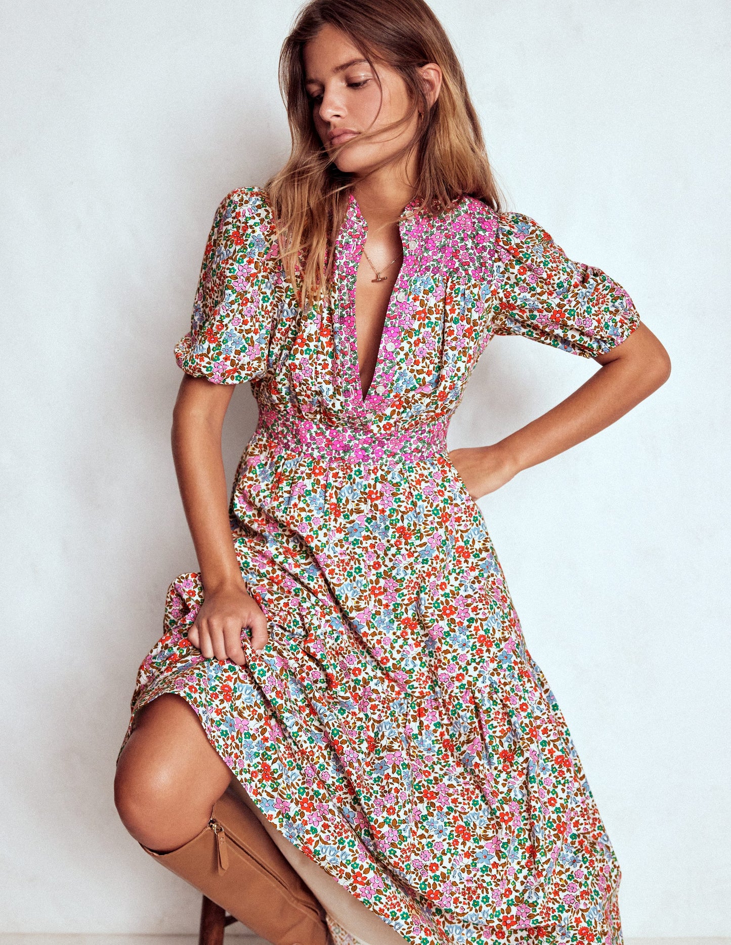 Beatrice Cotton Midi Dress-Multi, Flowerbed Cluster