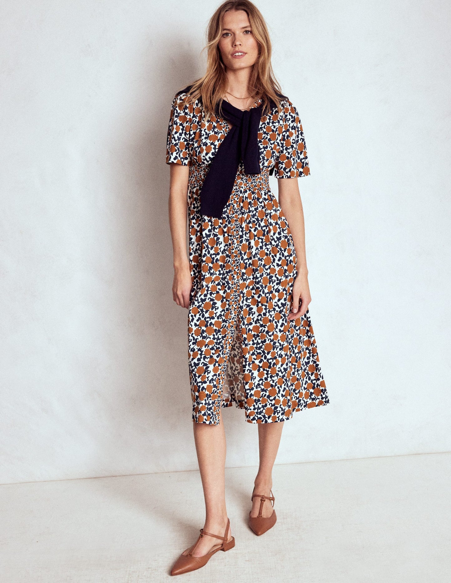 Natalia Jersey Tea Dress-Cognac, Floweret Vine