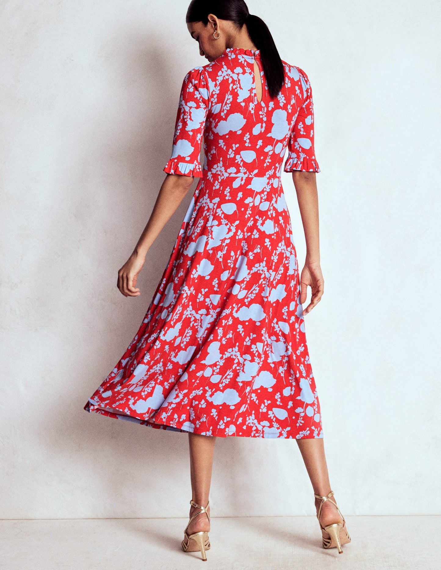 Ruffle Seamed Midi Dress-Poppy Red, Dainty Sprigs