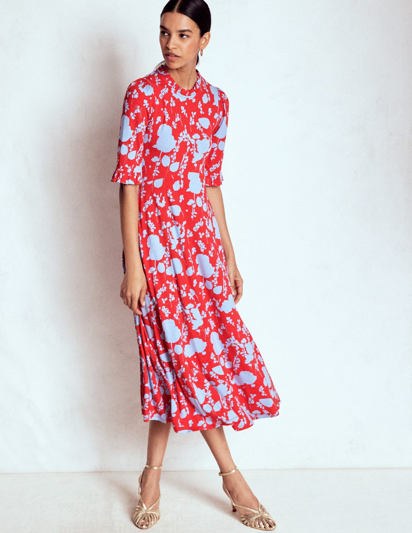 Ruffle Seamed Midi Dress-Poppy Red, Dainty Sprigs