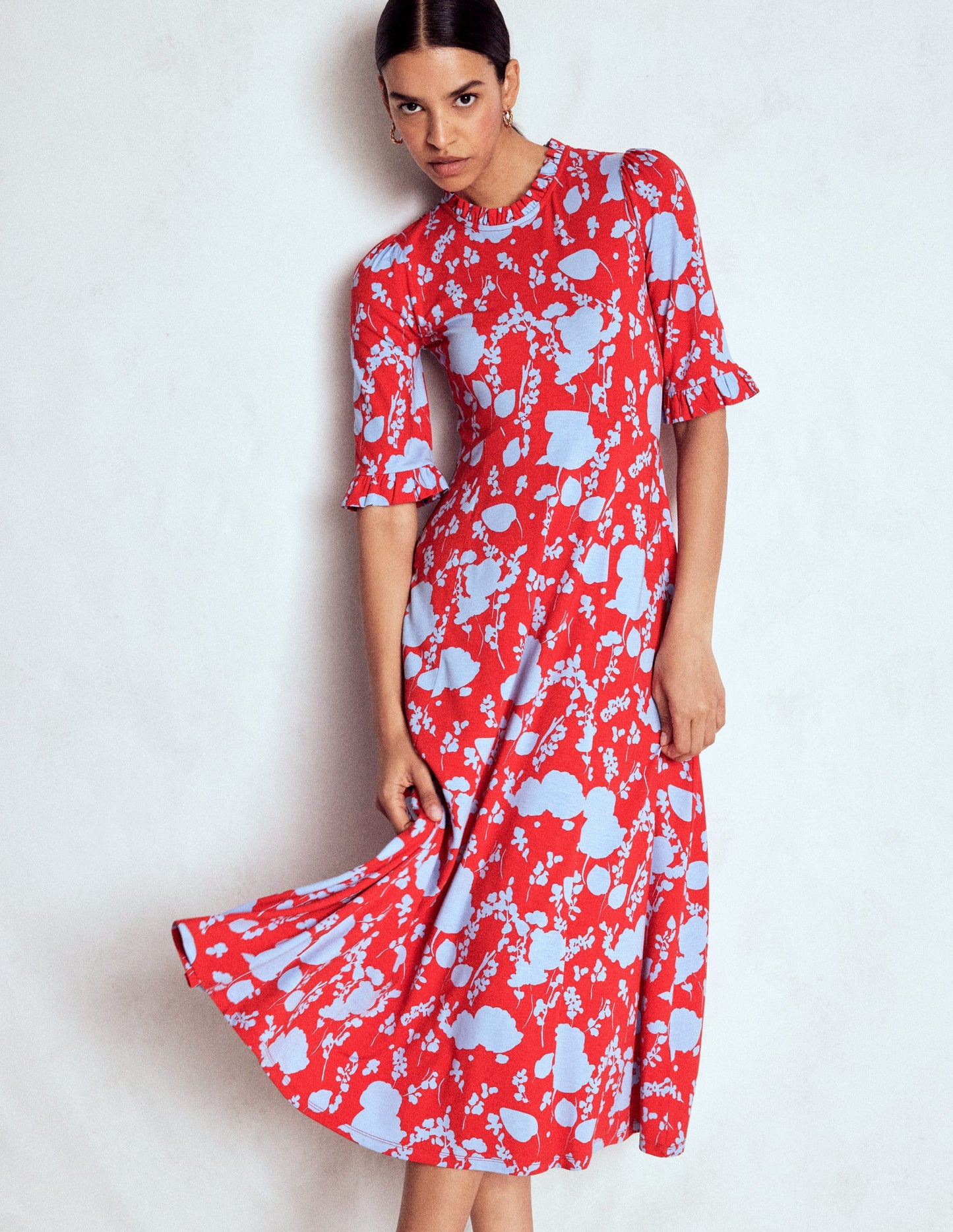 Ruffle Seamed Midi Dress-Poppy Red, Dainty Sprigs