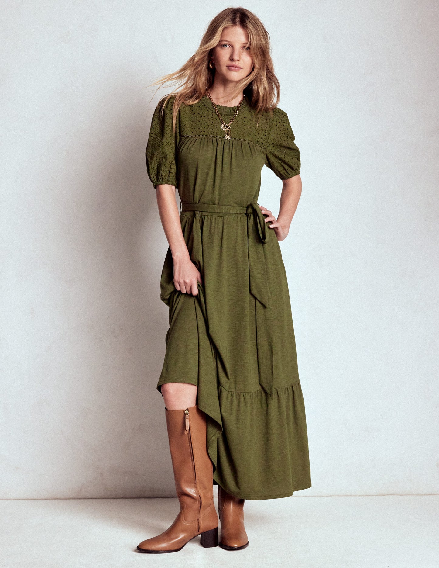 Lorelei Broderie Jersey Dress-Woodland Green
