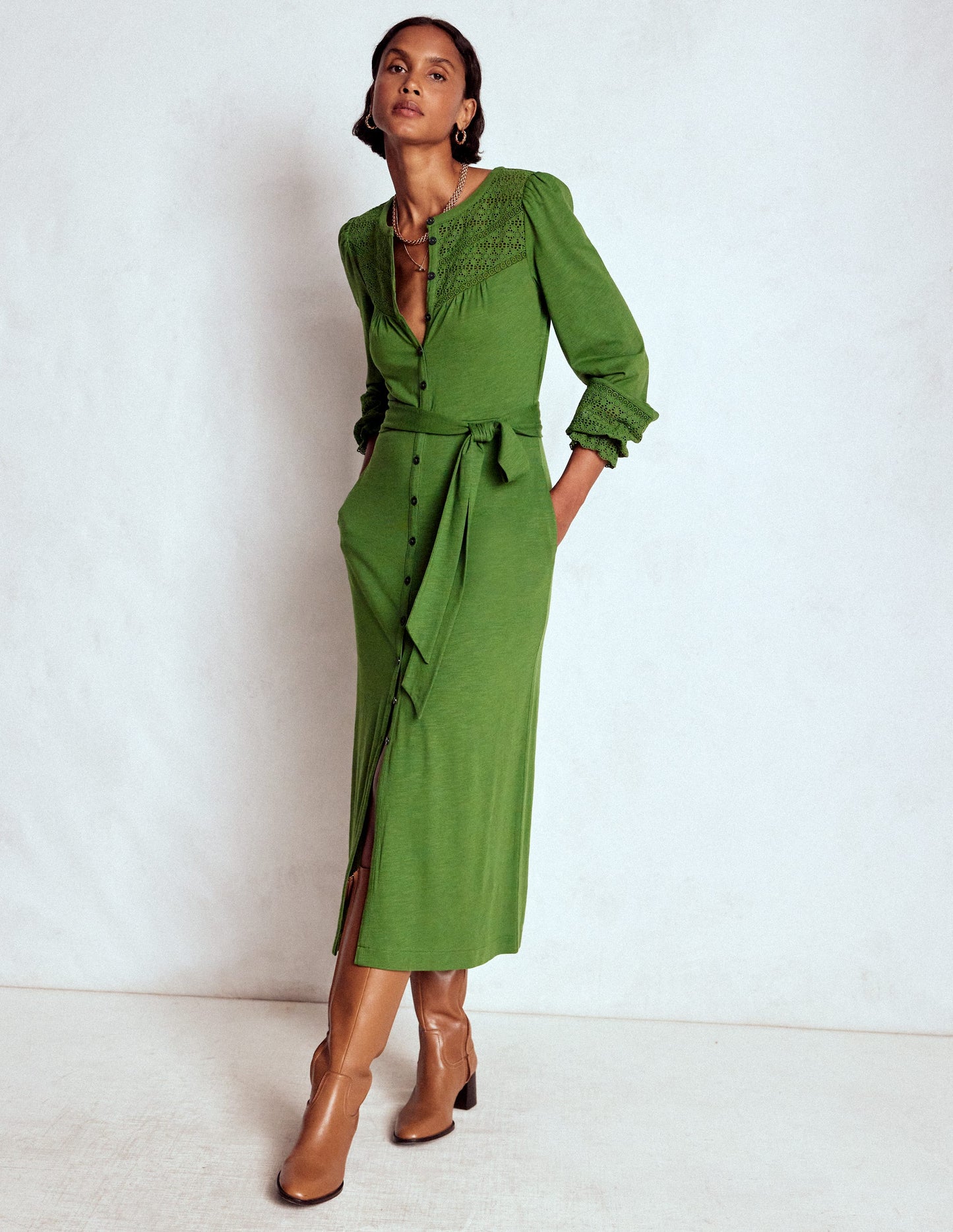Pippa Broderie Jersey Dress-Promenade Green