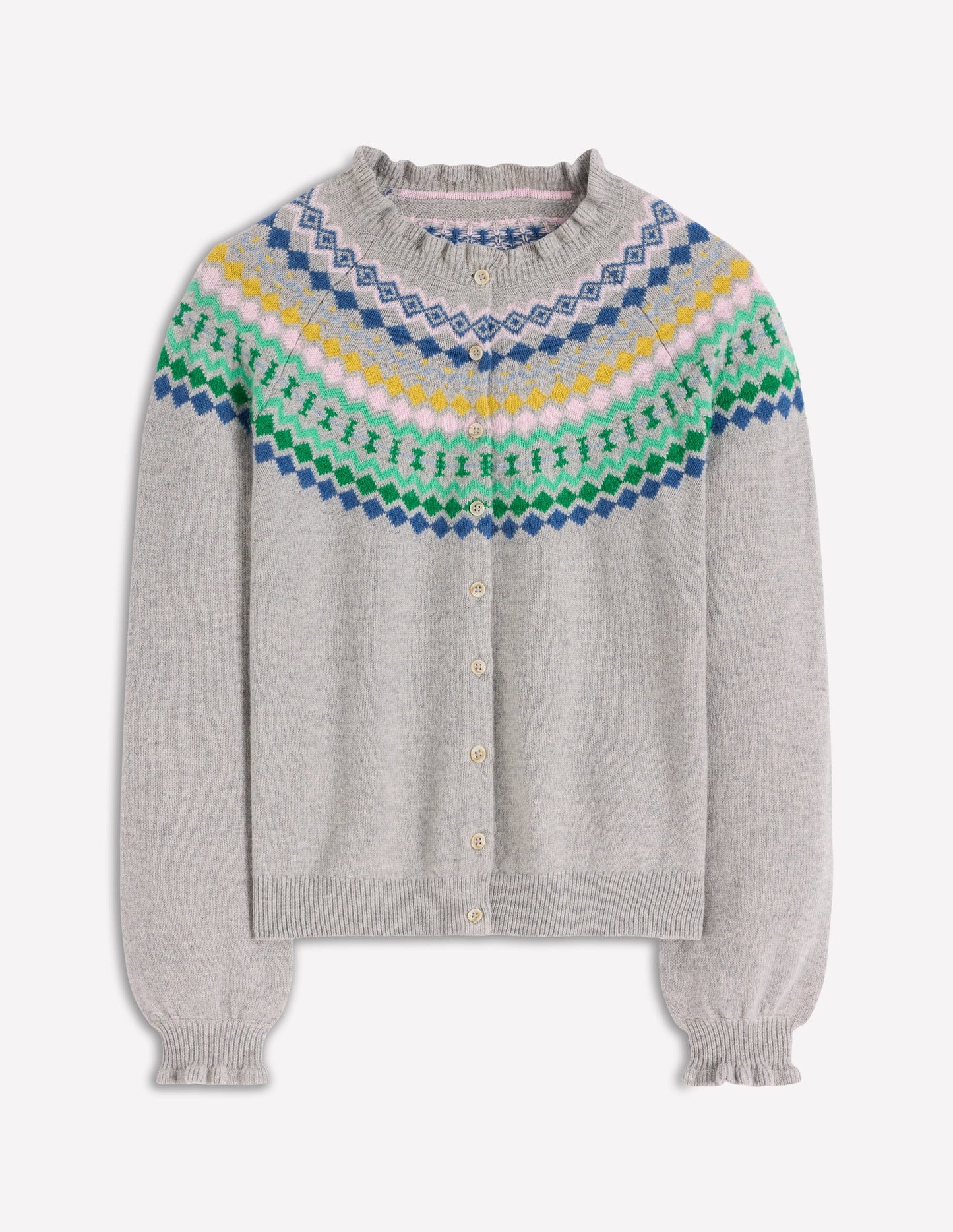 Fae Fair Isle Frilled Cardigan-Grey Melange