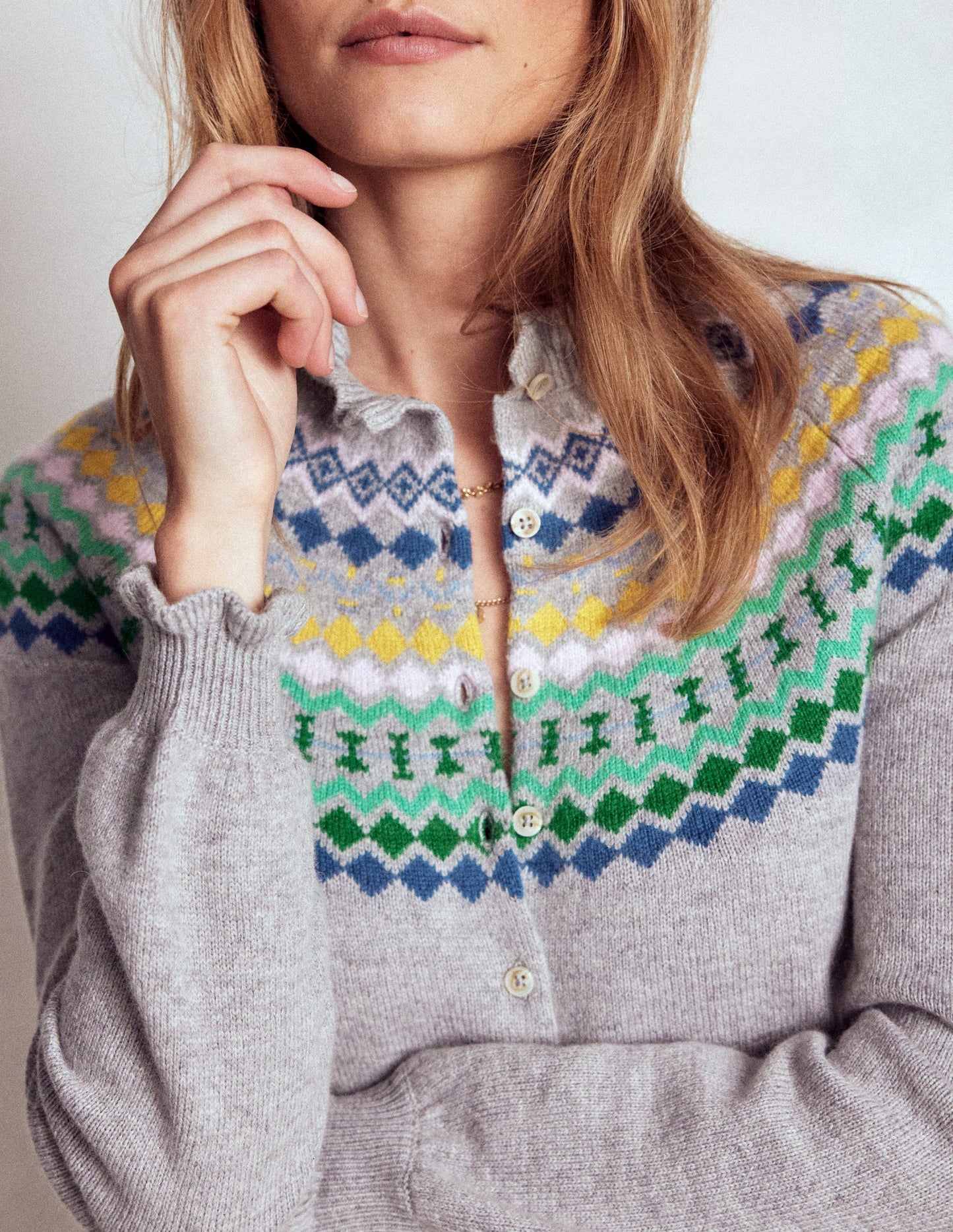 Fae Fair Isle Frilled Cardigan-Grey Melange