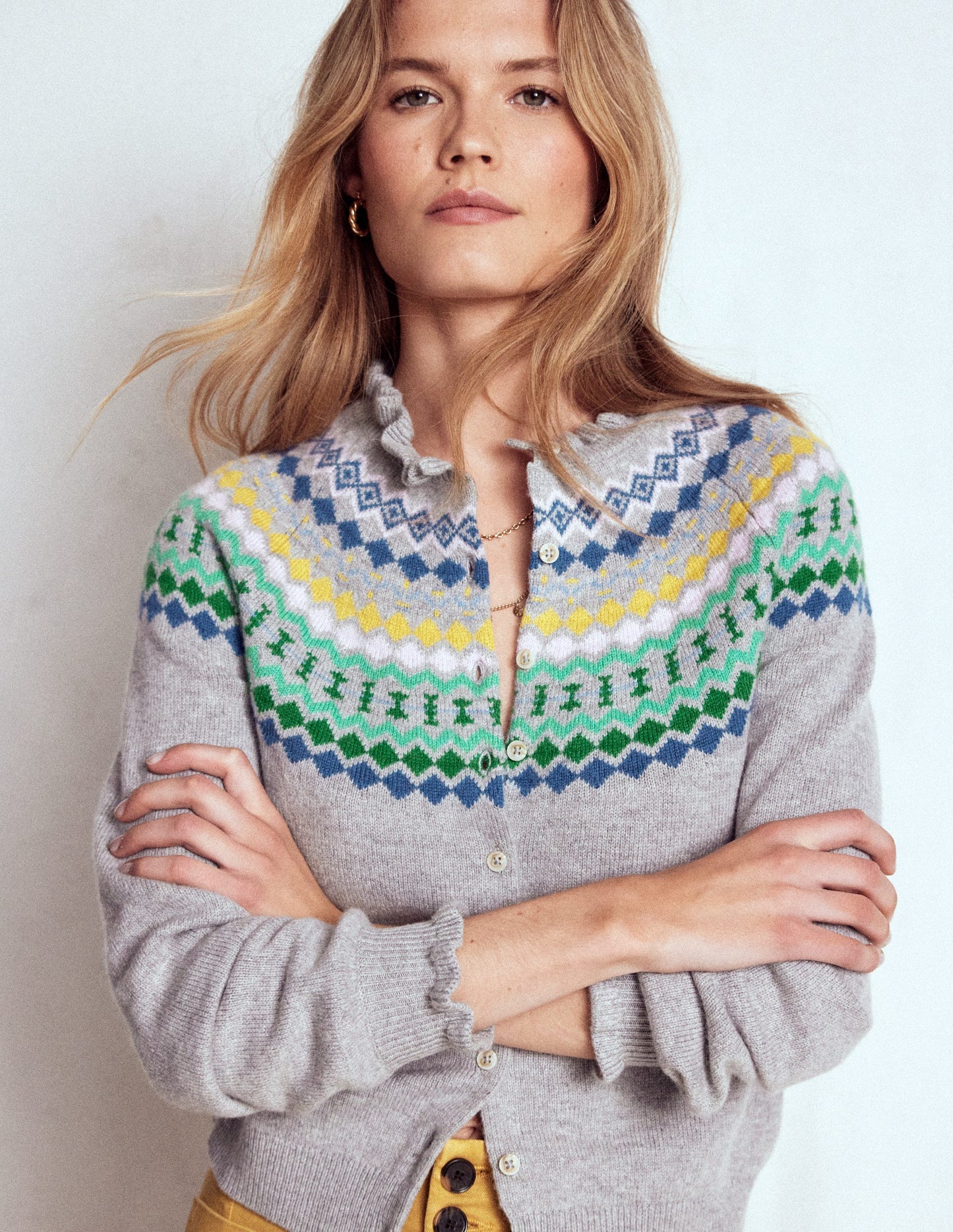 Fae Fair Isle Frilled Cardigan-Grey Melange