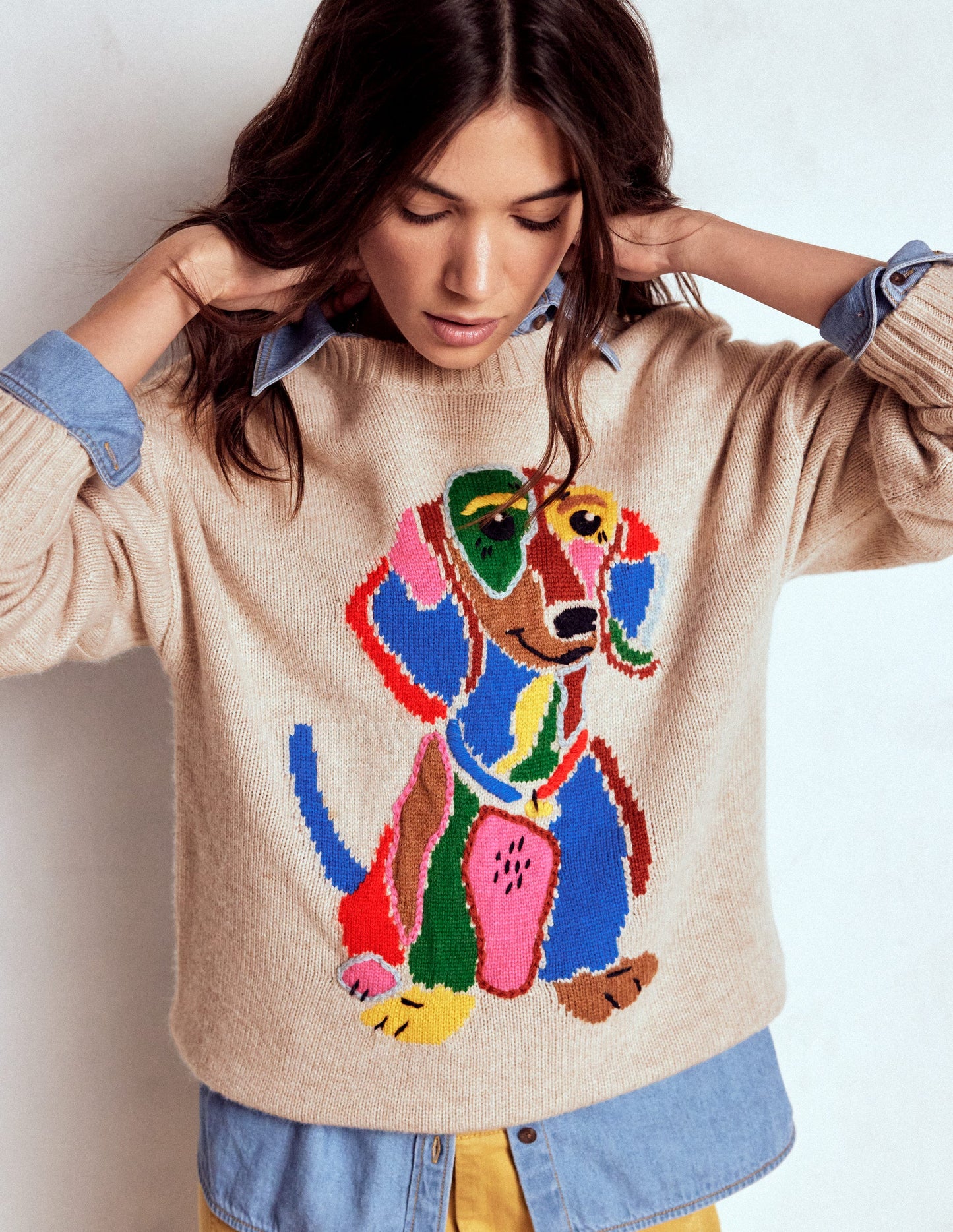 Natalie Embroidered Jumper-Oatmeal Melange, Daschund