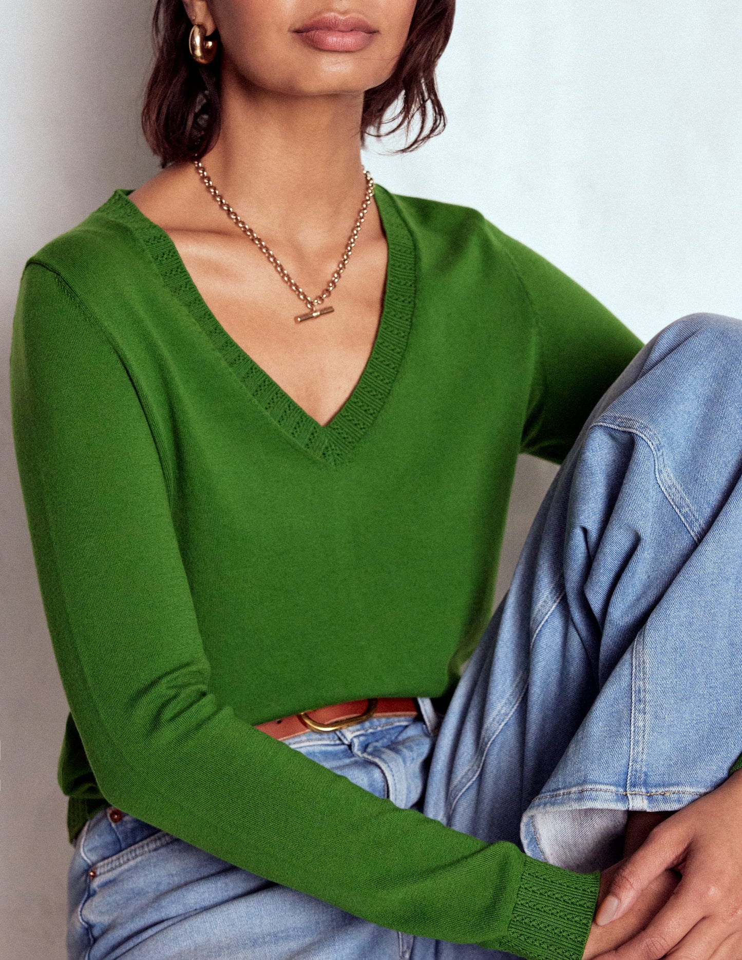 Emilia Cotton V-Neck Jumper-Promenade Green