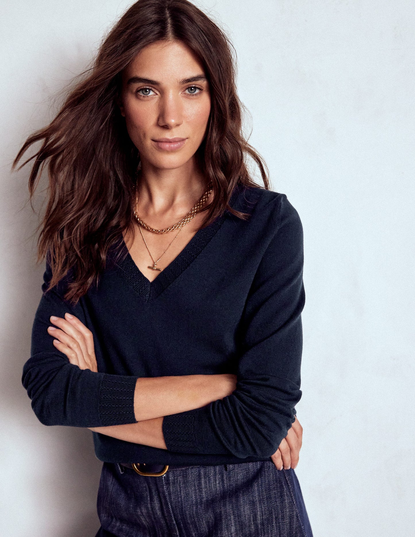 Emilia Cotton V-Neck Jumper-Navy
