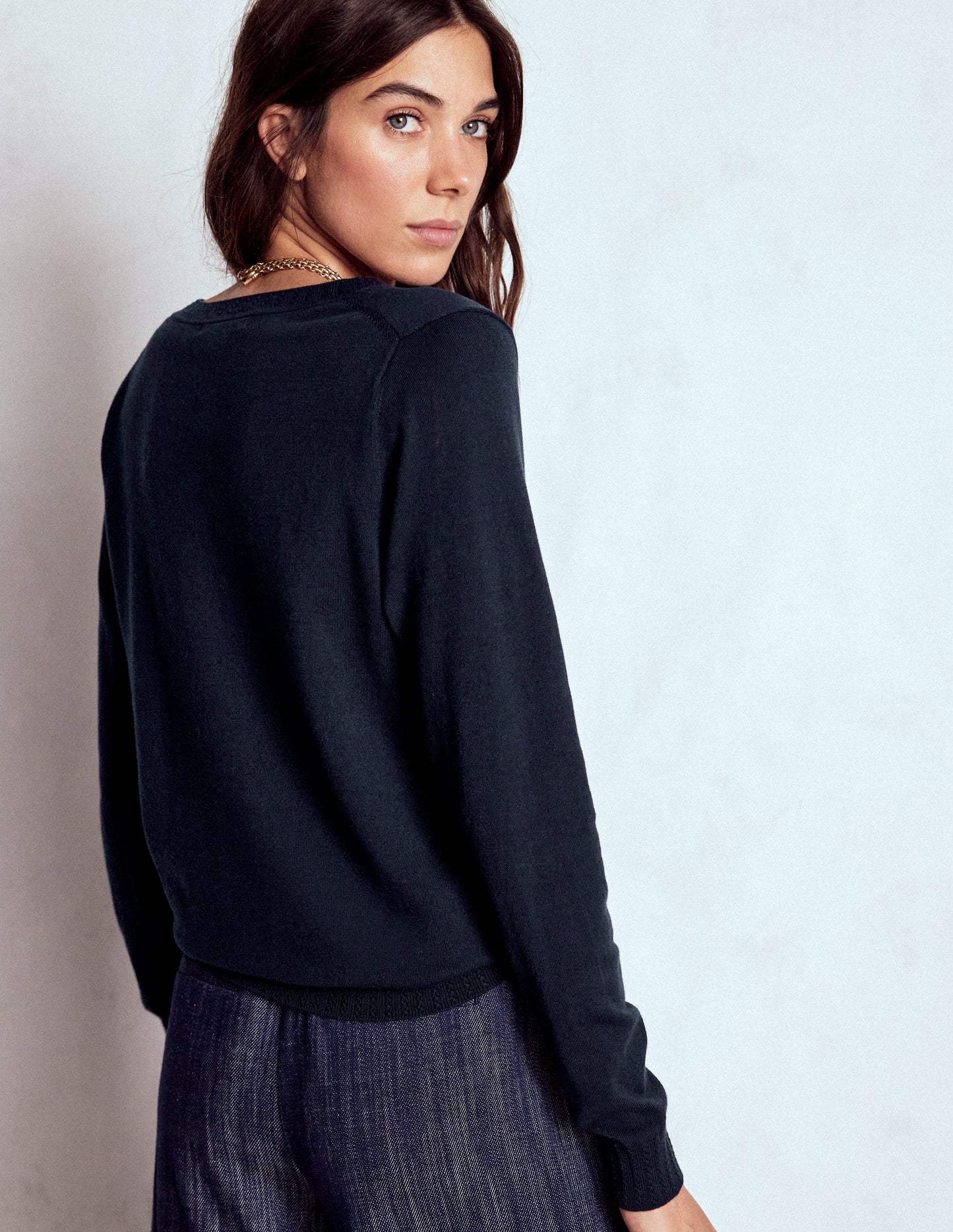 Emilia Cotton V-Neck Jumper-Navy