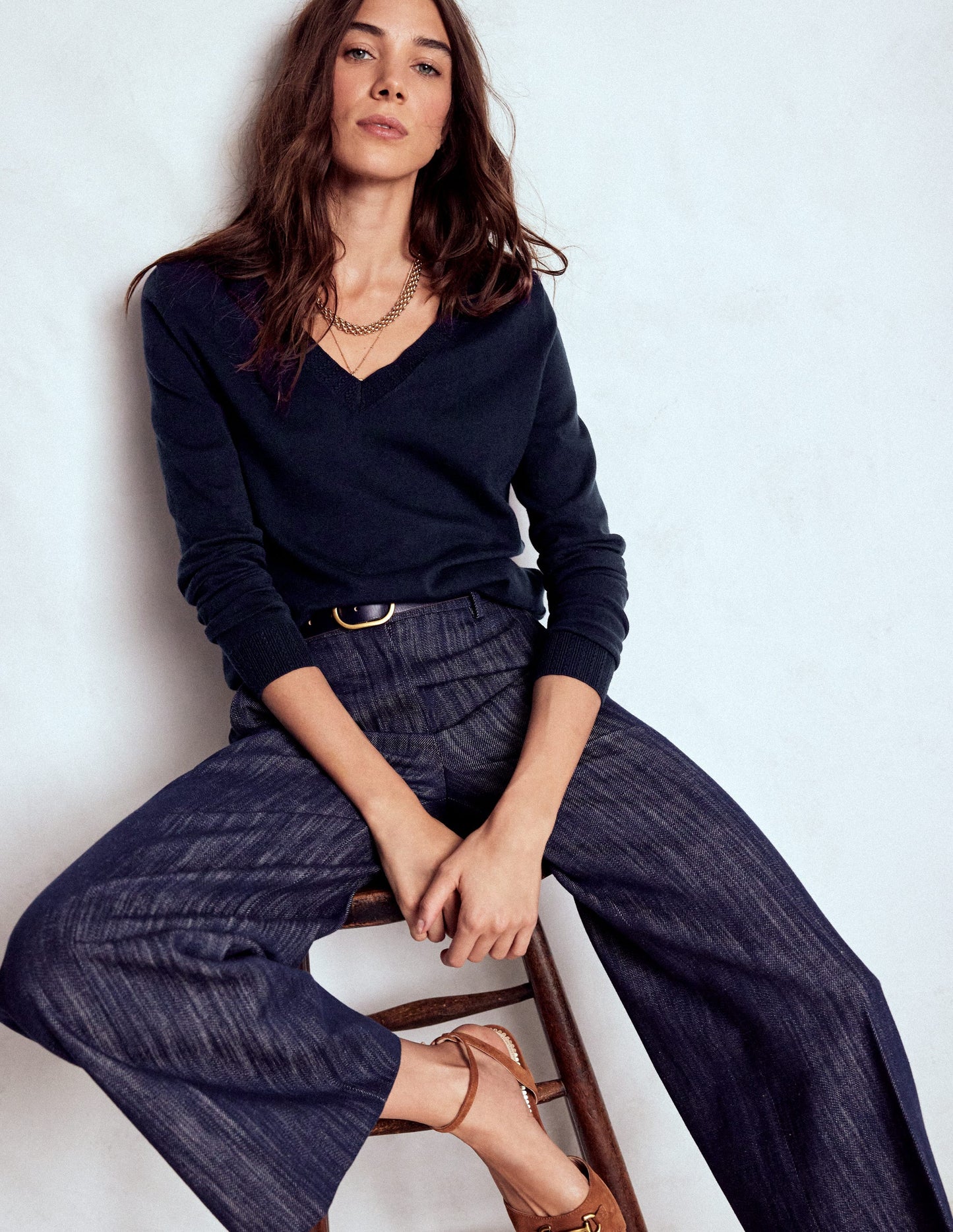 Emilia Cotton V-Neck Jumper-Navy